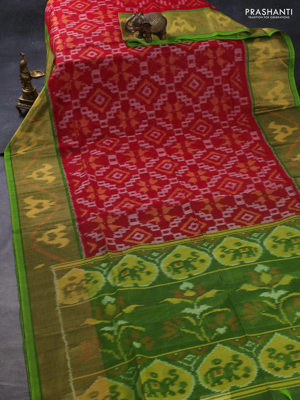Ikat silk cotton saree maroon and light green with allover ikat weaves and long zari woven ikat border - Image 2