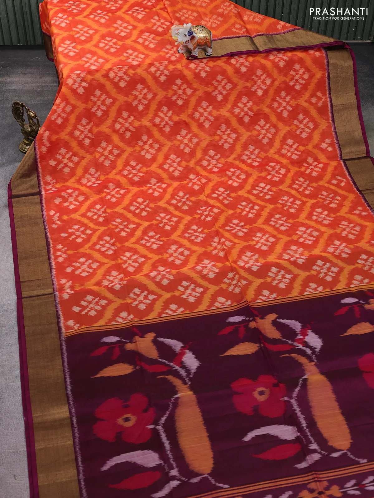 Ikat silk cotton saree orange and wine shade with allover ikat weaves and zari woven border - Image 2