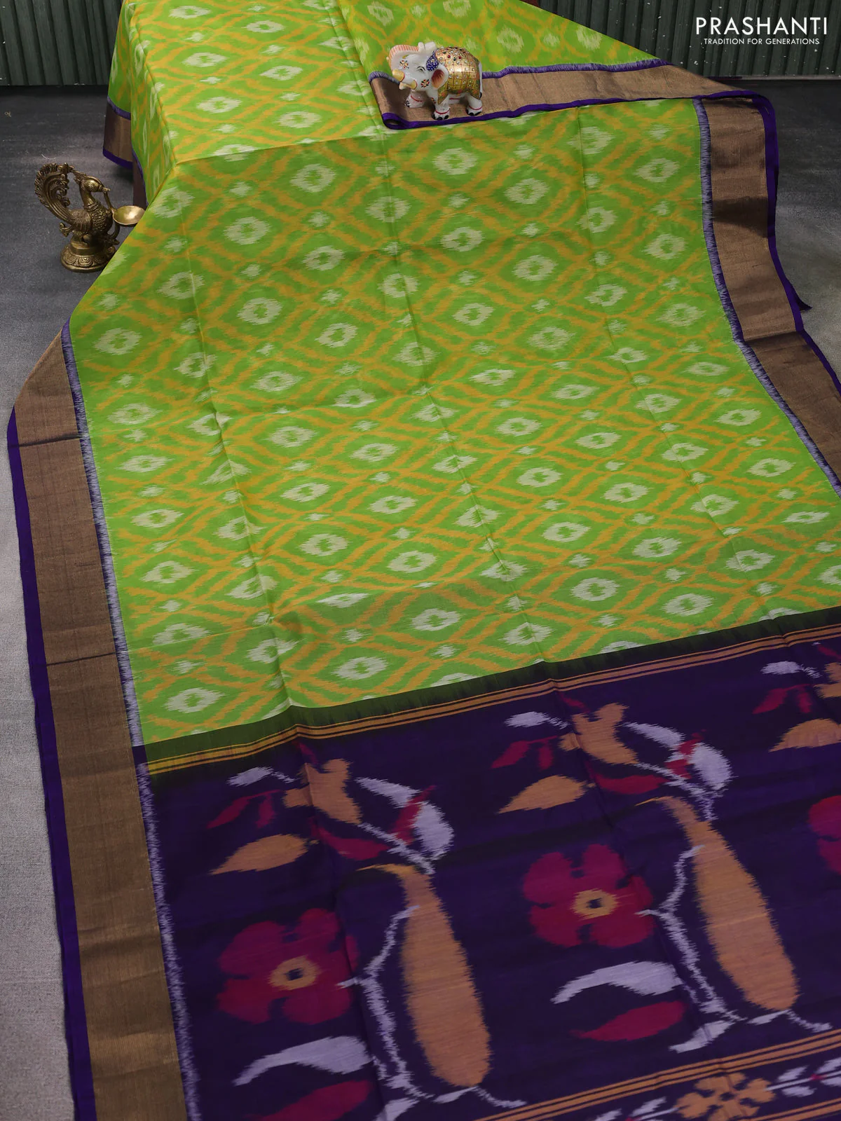 Ikat silk cotton saree parrot green and blue with allover ikat weaves and zari woven border - Image 2