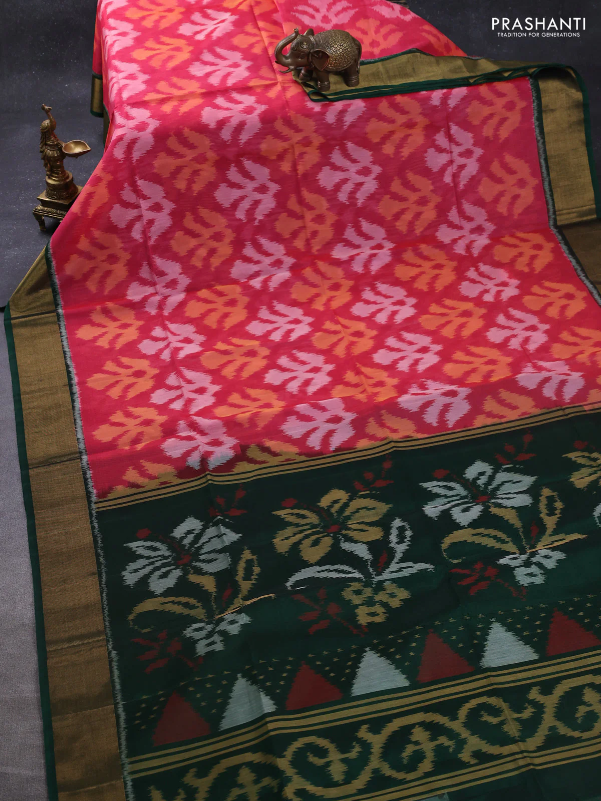 Ikat silk cotton saree peach pink and green with allover ikat weaves and zari woven border - Image 2