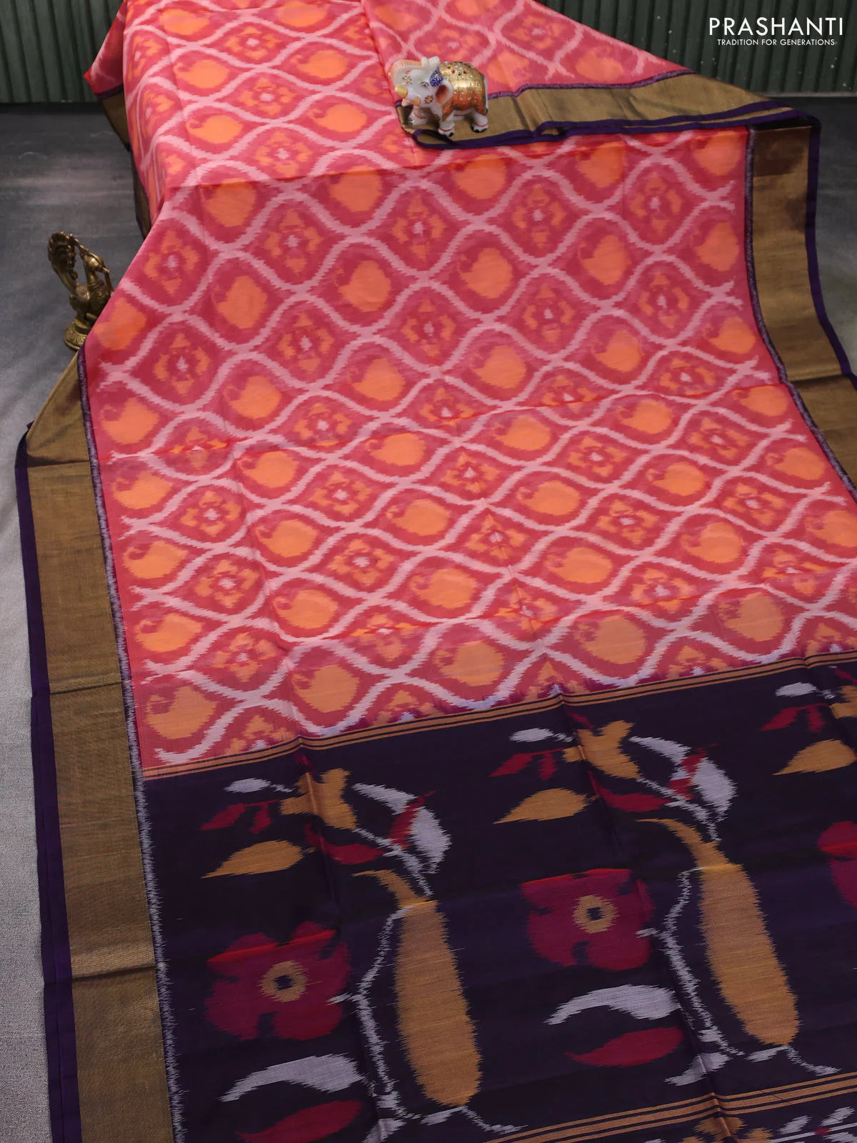 Ikat silk cotton saree peach shade and deep violet with allover ikat weaves and zari woven border - Image 2