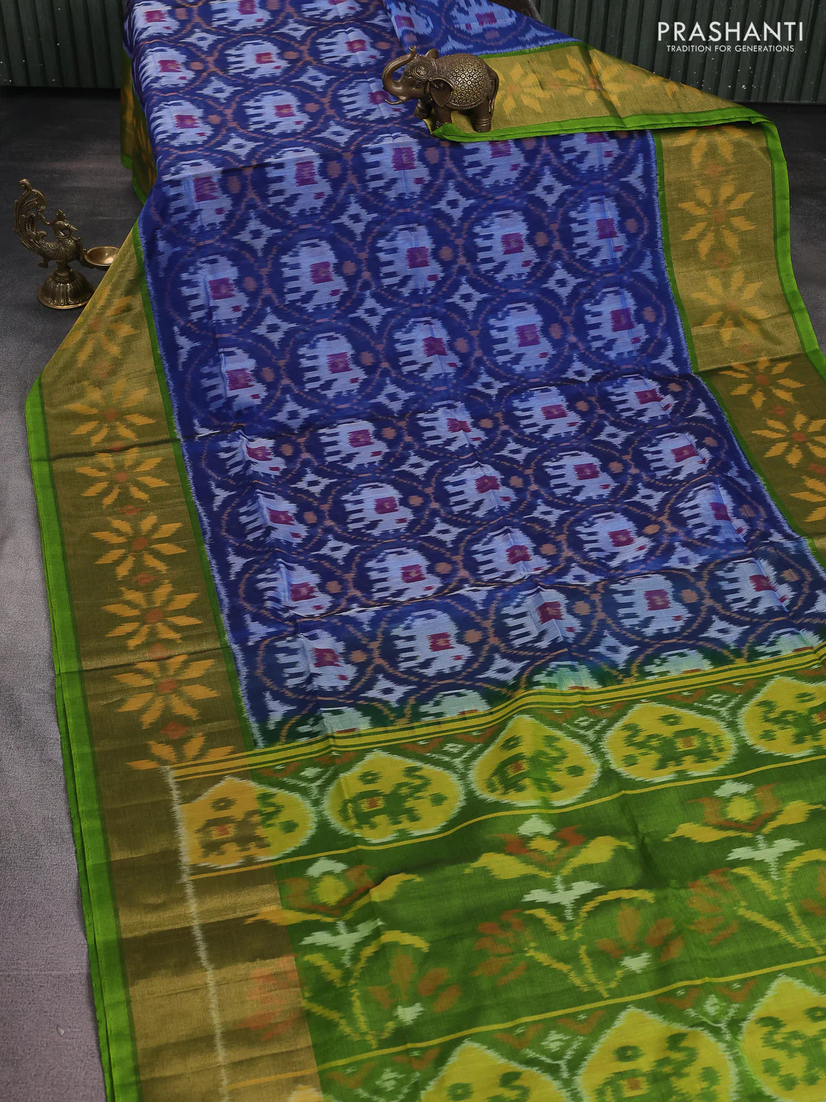 Ikat silk cotton saree peacock blue and light green with alover ikat weaves and long zari woven ikat border - Image 2