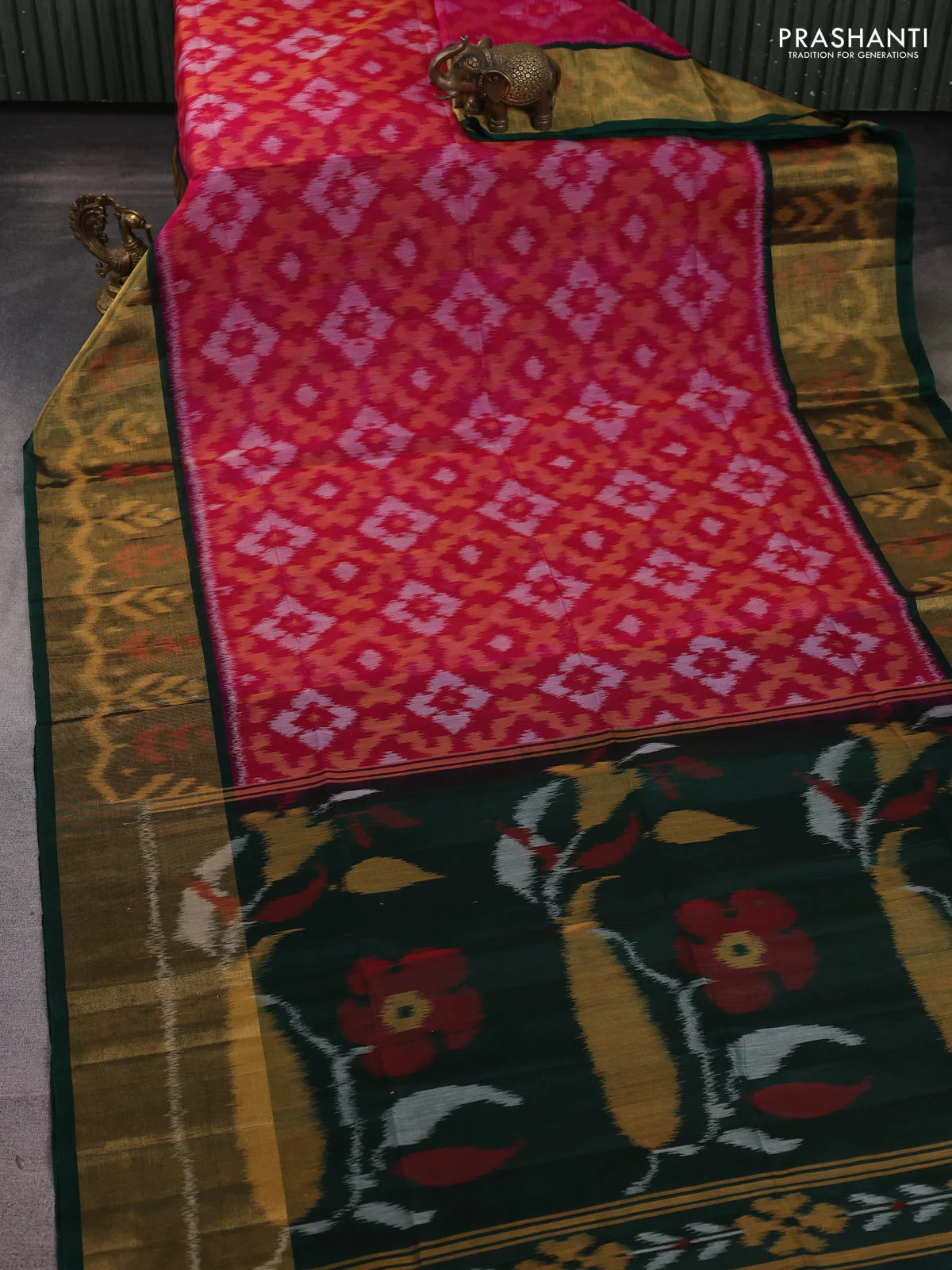 Ikat silk cotton saree pink and bottle green with allover ikat weaves and long zari woven ikat border - Image 2