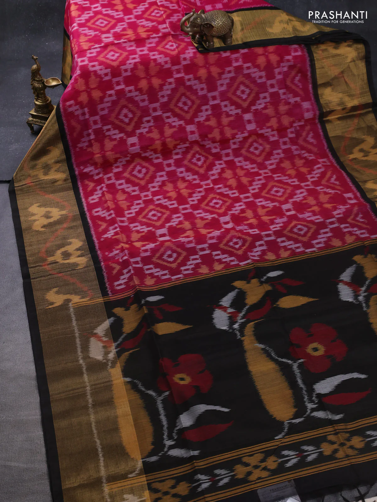 Ikat silk cotton saree pink and deep coffee brown with allover ikat weaves and long zari woven ikat border - Image 2