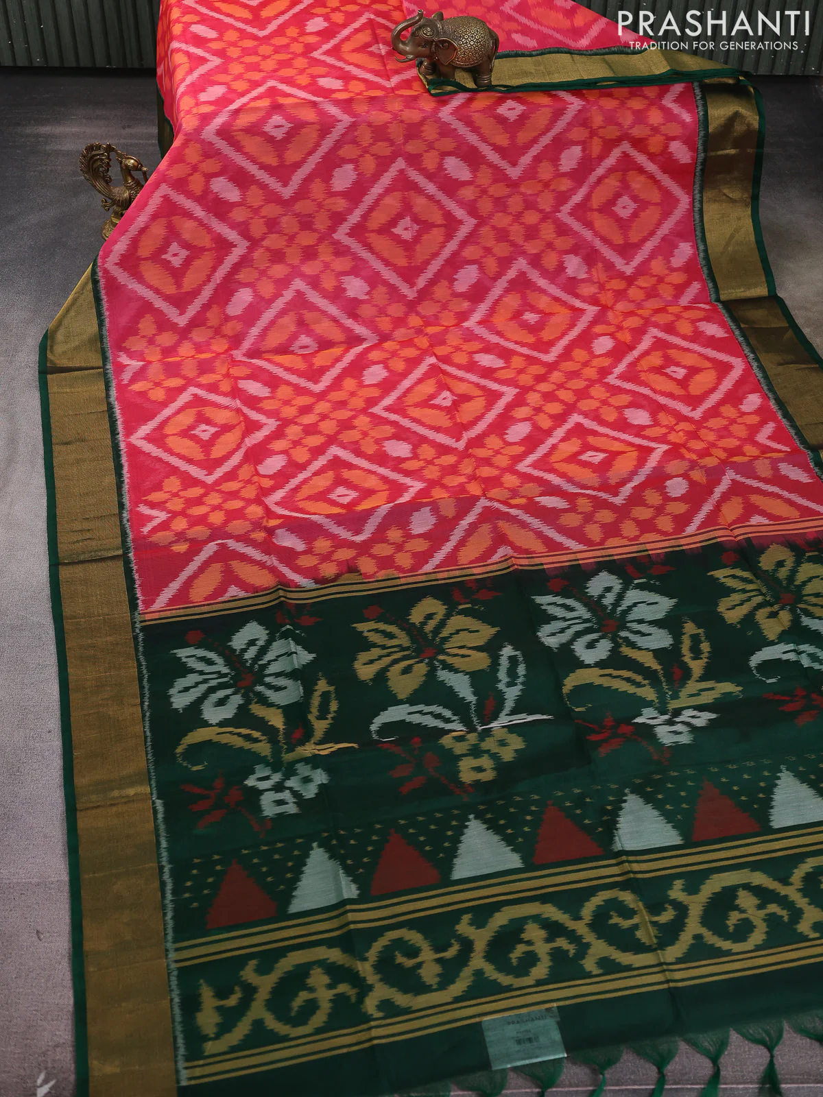 Ikat silk cotton saree pink and green with allover ikat weaves and zari woven border - Image 2
