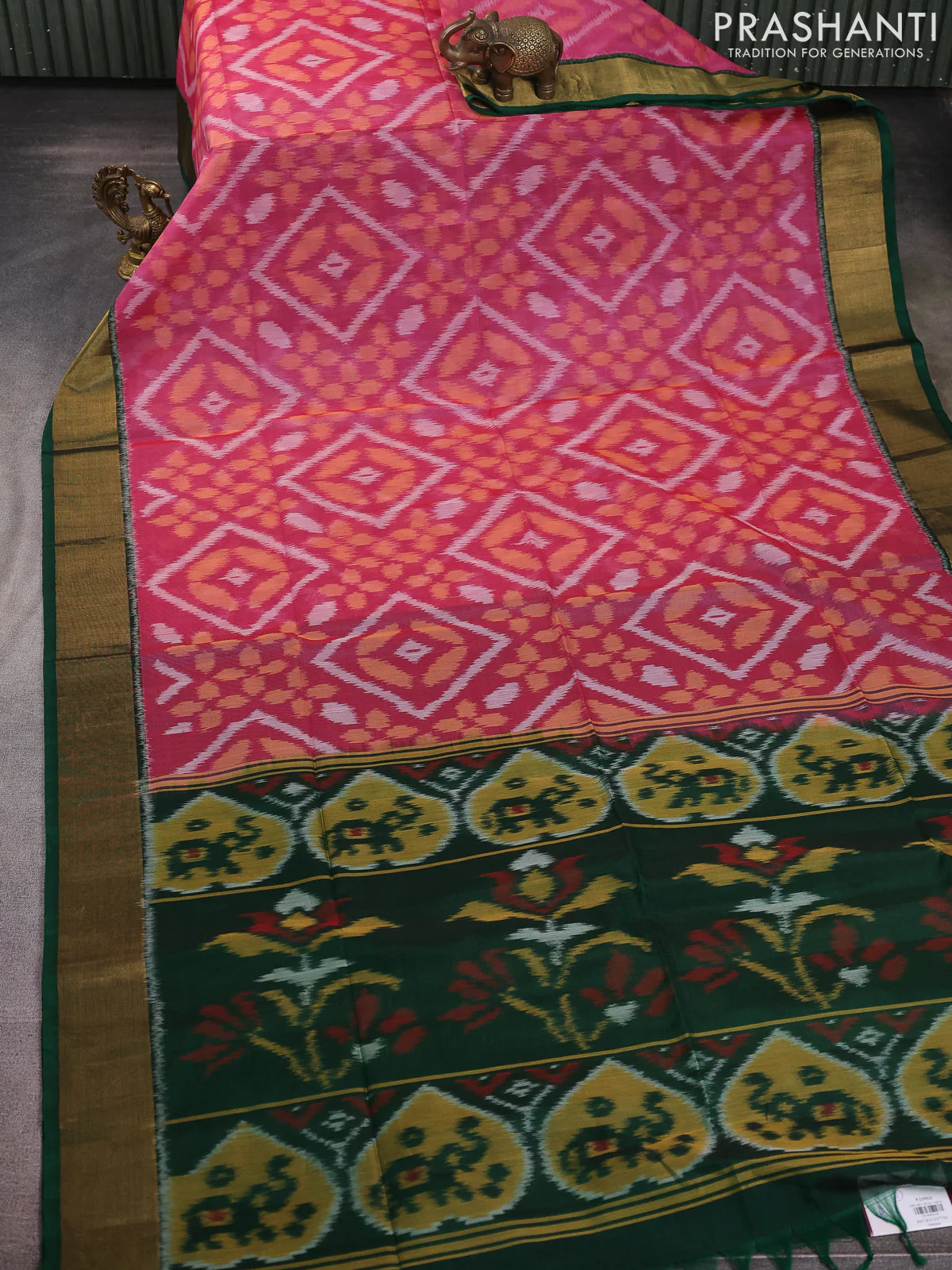 Ikat silk cotton saree pink and green with allover ikat weaves and zari woven border - Image 2