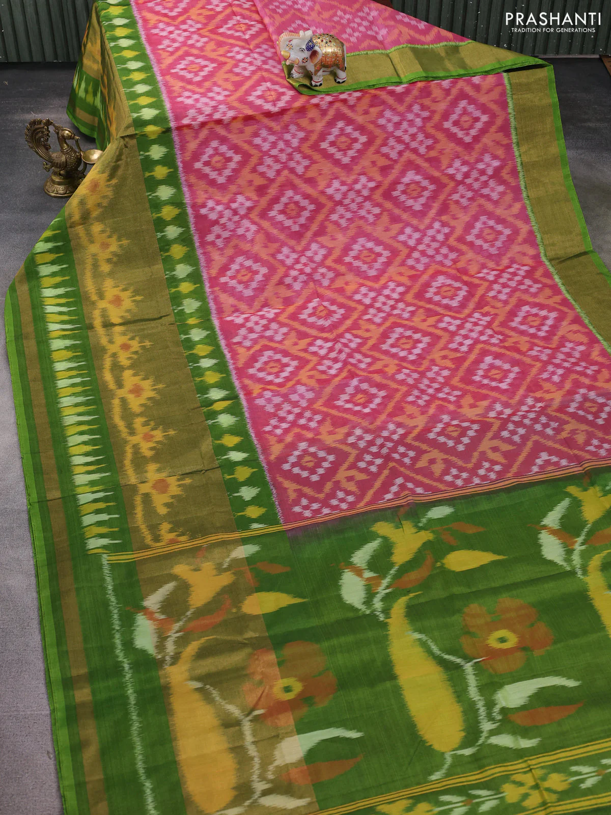 Ikat silk cotton saree pink and light green with allover ikat weaves and long zari woven ikat border - Image 2
