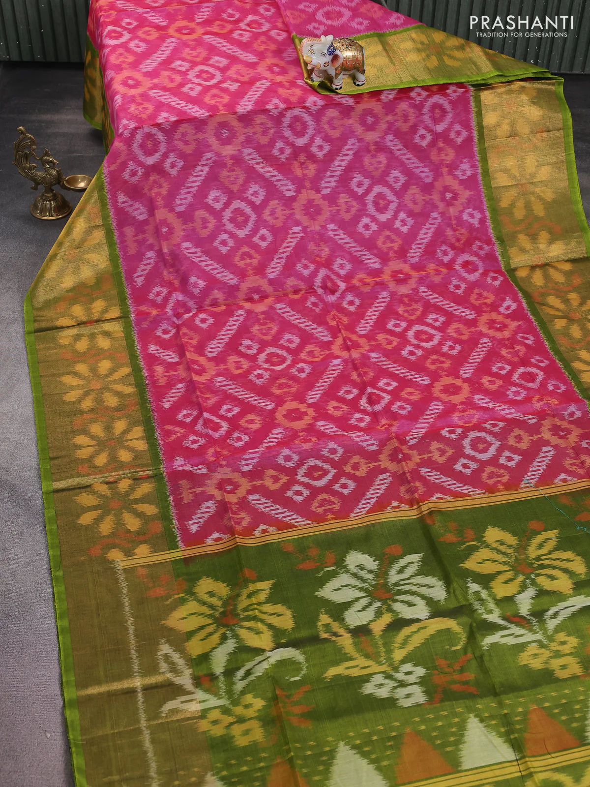 Ikat silk cotton saree pink and light green with alover ikat weaves and long zari woven ikat border - Image 2