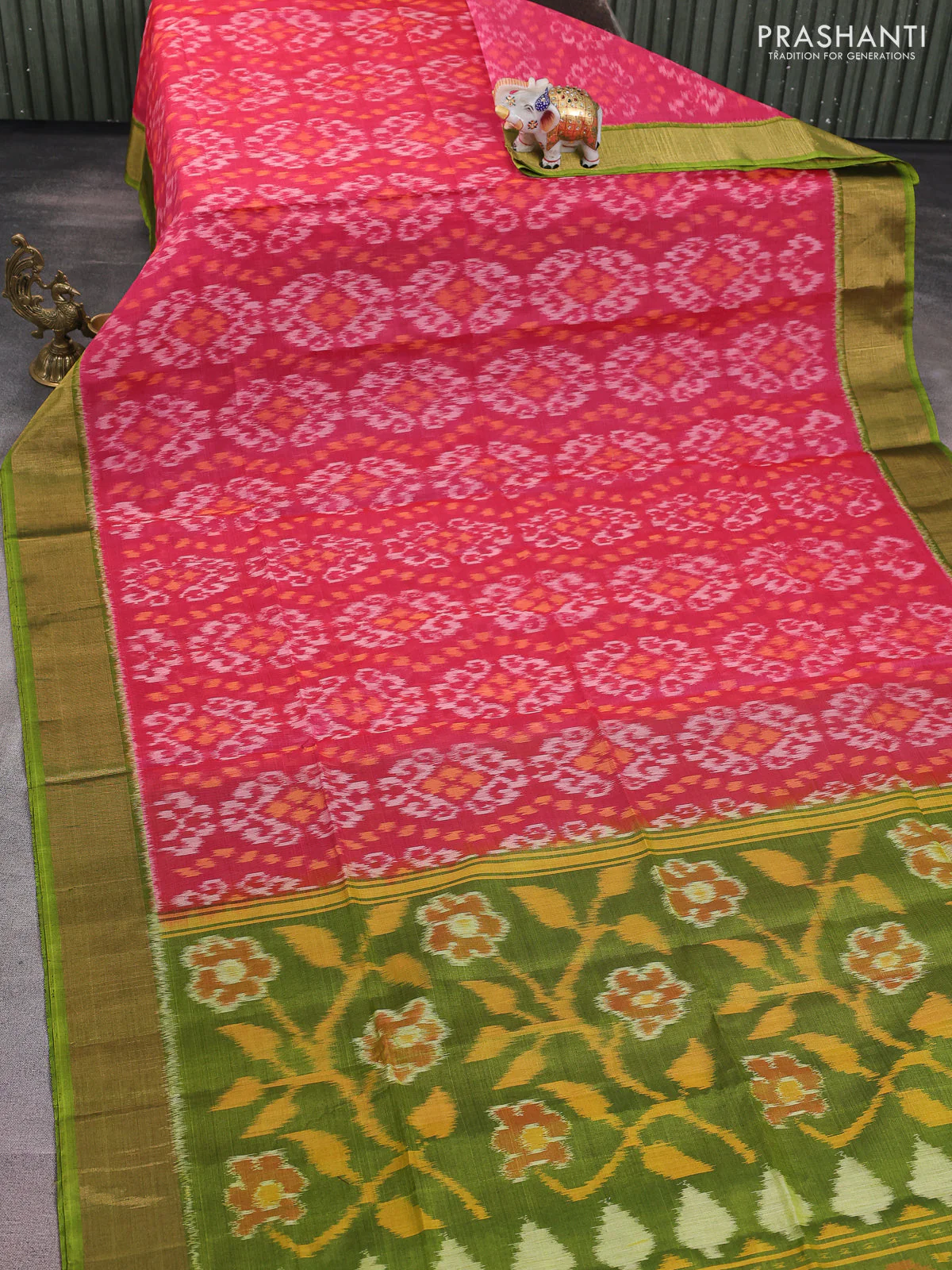 Ikat silk cotton saree pink and light green with alover ikat weaves and zari woven border - Image 2