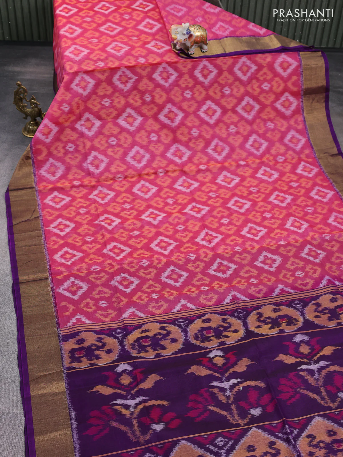 Ikat silk cotton saree pink and purple with alover ikat weaves and zari woven border - Image 2