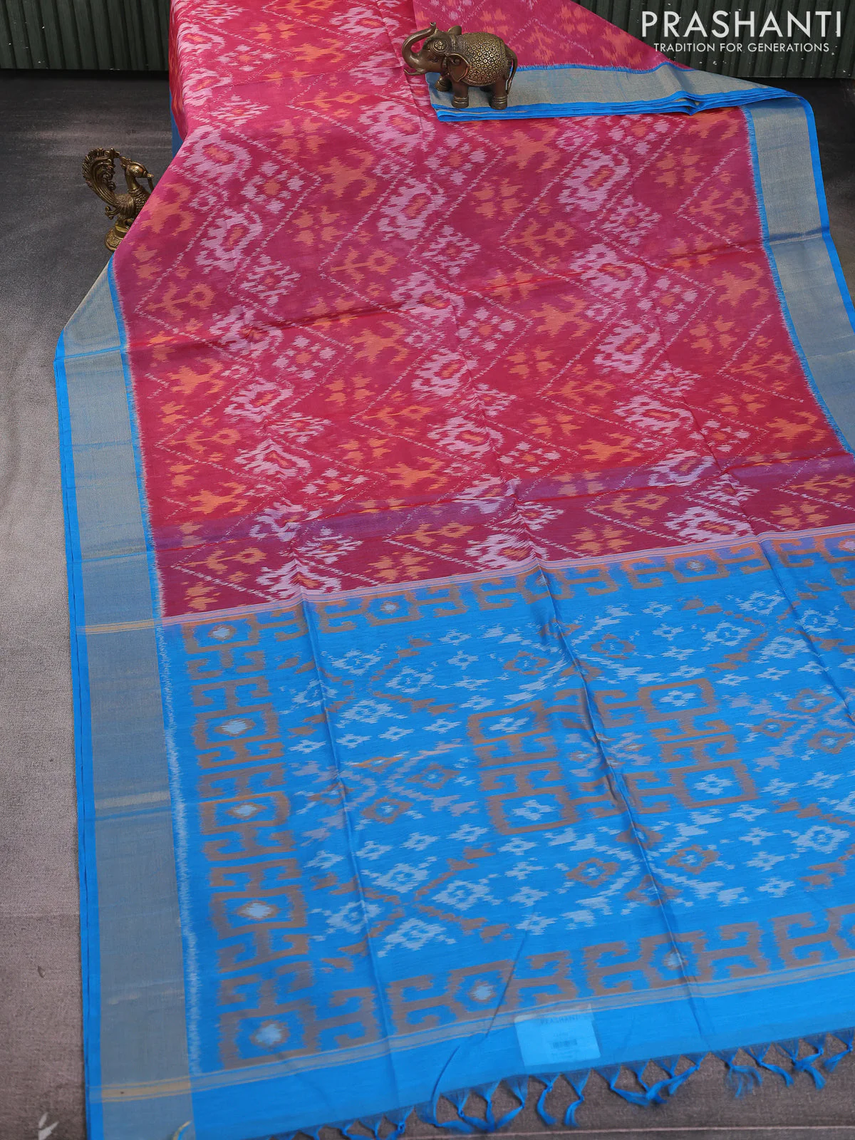 Ikat silk cotton saree pink shade and cs blue with allover ikat weaves and zari woven border - Image 2
