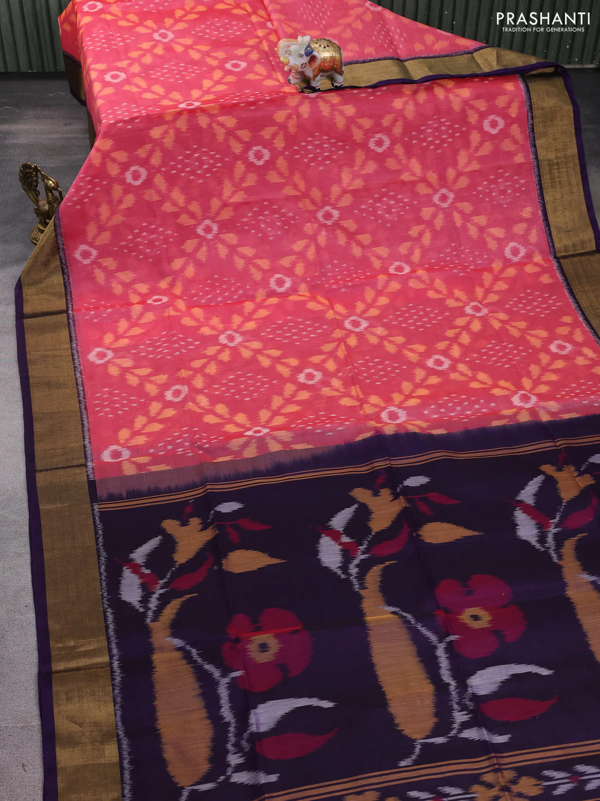 Ikat silk cotton saree pink shade and deep violet with allover ikat weaves and zari woven border - Image 2