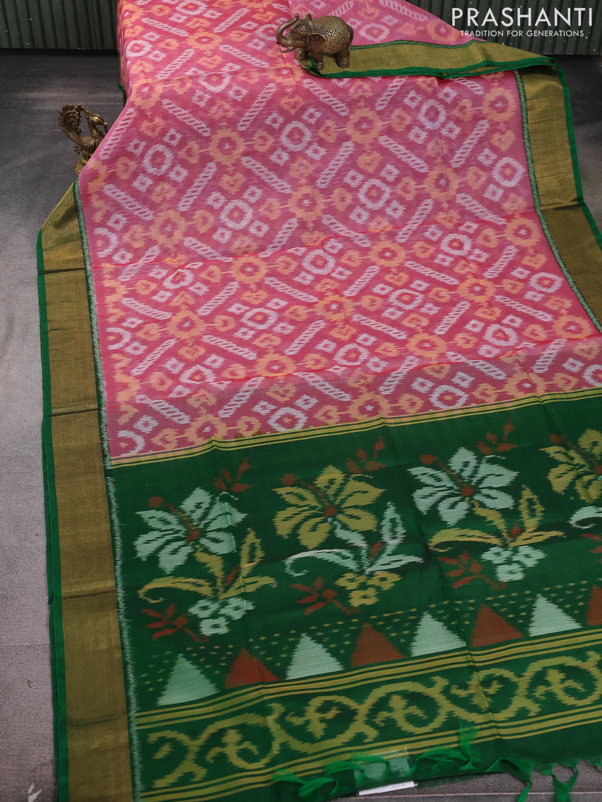 Ikat silk cotton saree pink shade and green with allover ikat weaves and zari woven border - Image 2