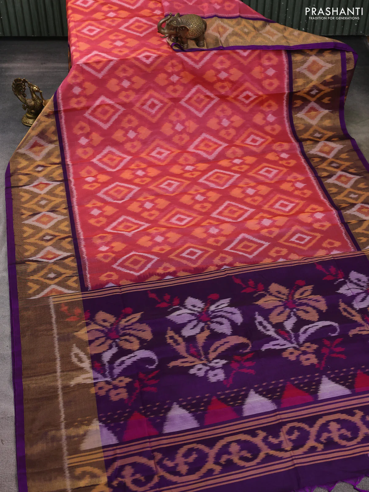 Ikat silk cotton saree pink shade and purple with allover ikat weaves and long zari woven ikat border - Image 2