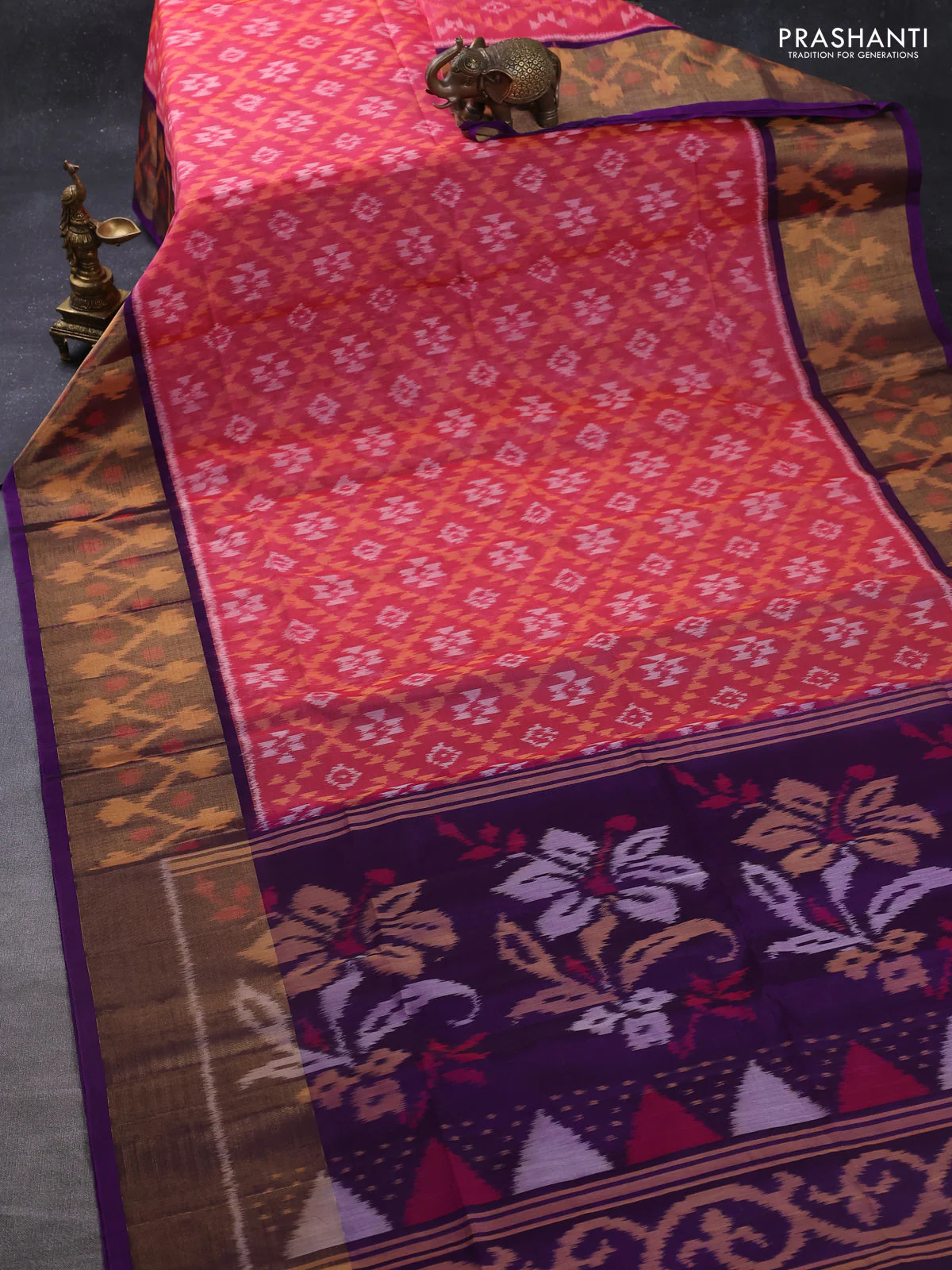 Ikat silk cotton saree pink shade and purple with allover ikat weaves and long zari woven ikat border - Image 2