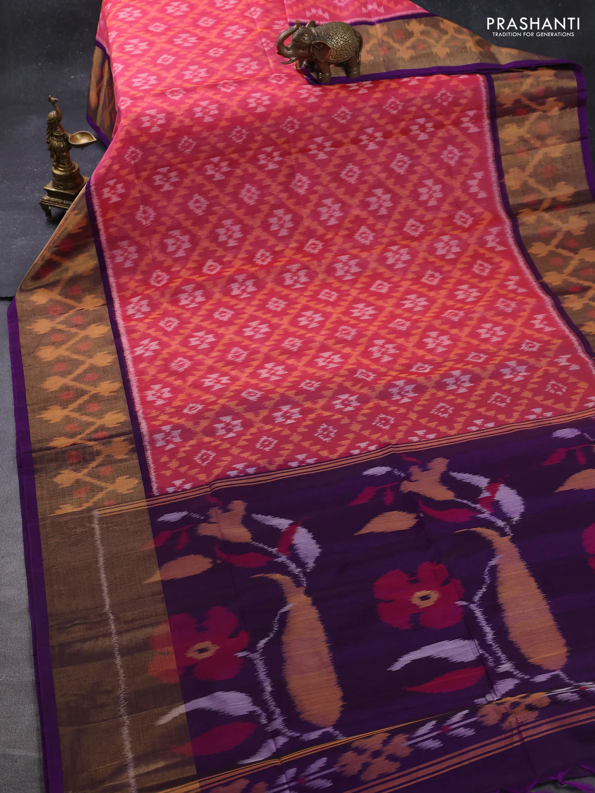 Ikat silk cotton saree pink shade and purple with allover ikat weaves and long zari woven ikat border - Image 2