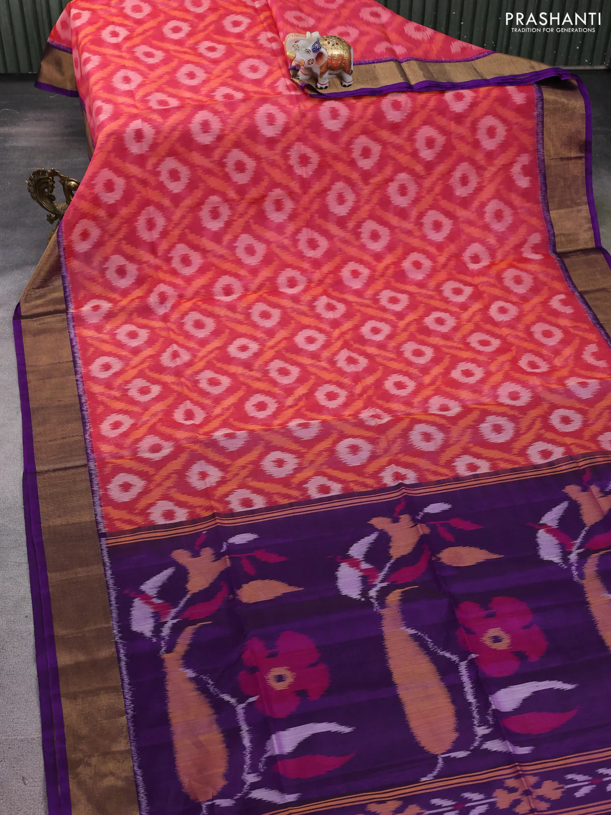 Ikat silk cotton saree pink shade and purple with allover ikat weaves and zari woven border - Image 2