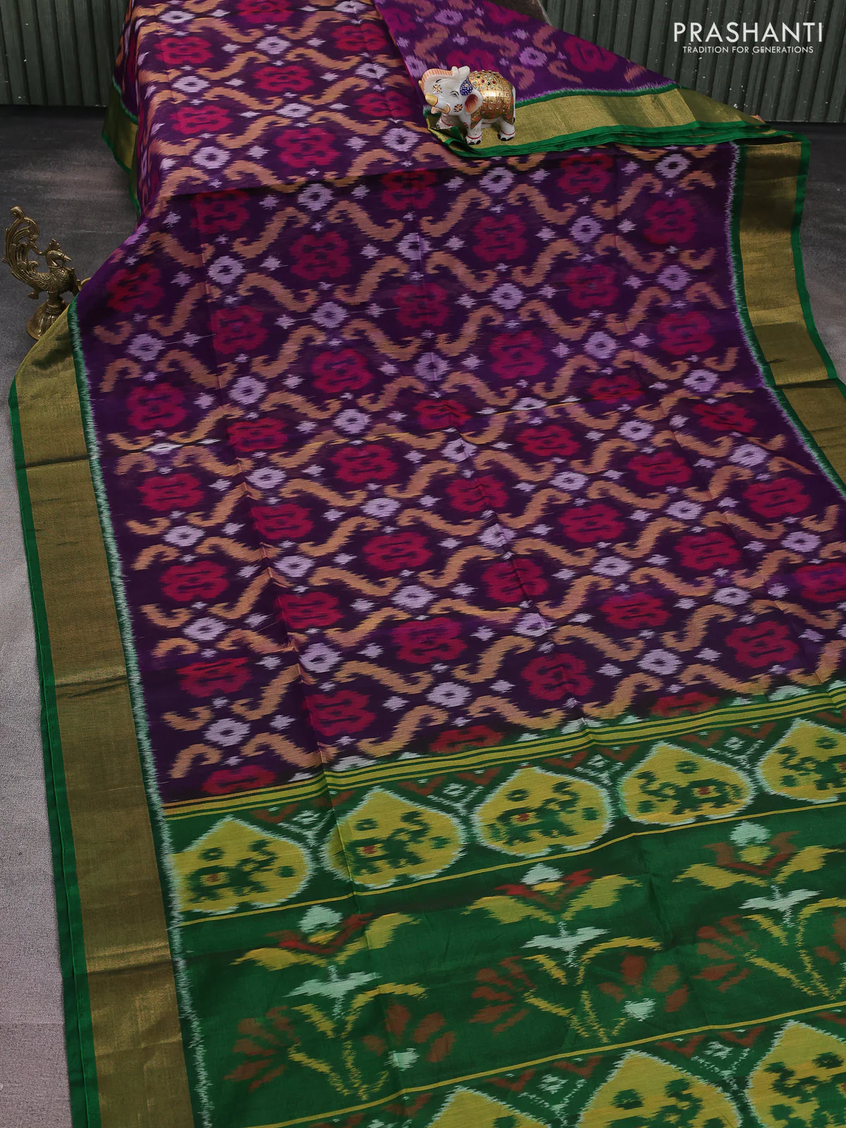 Ikat silk cotton saree purple and green with alover ikat weaves and zari woven border - Image 2