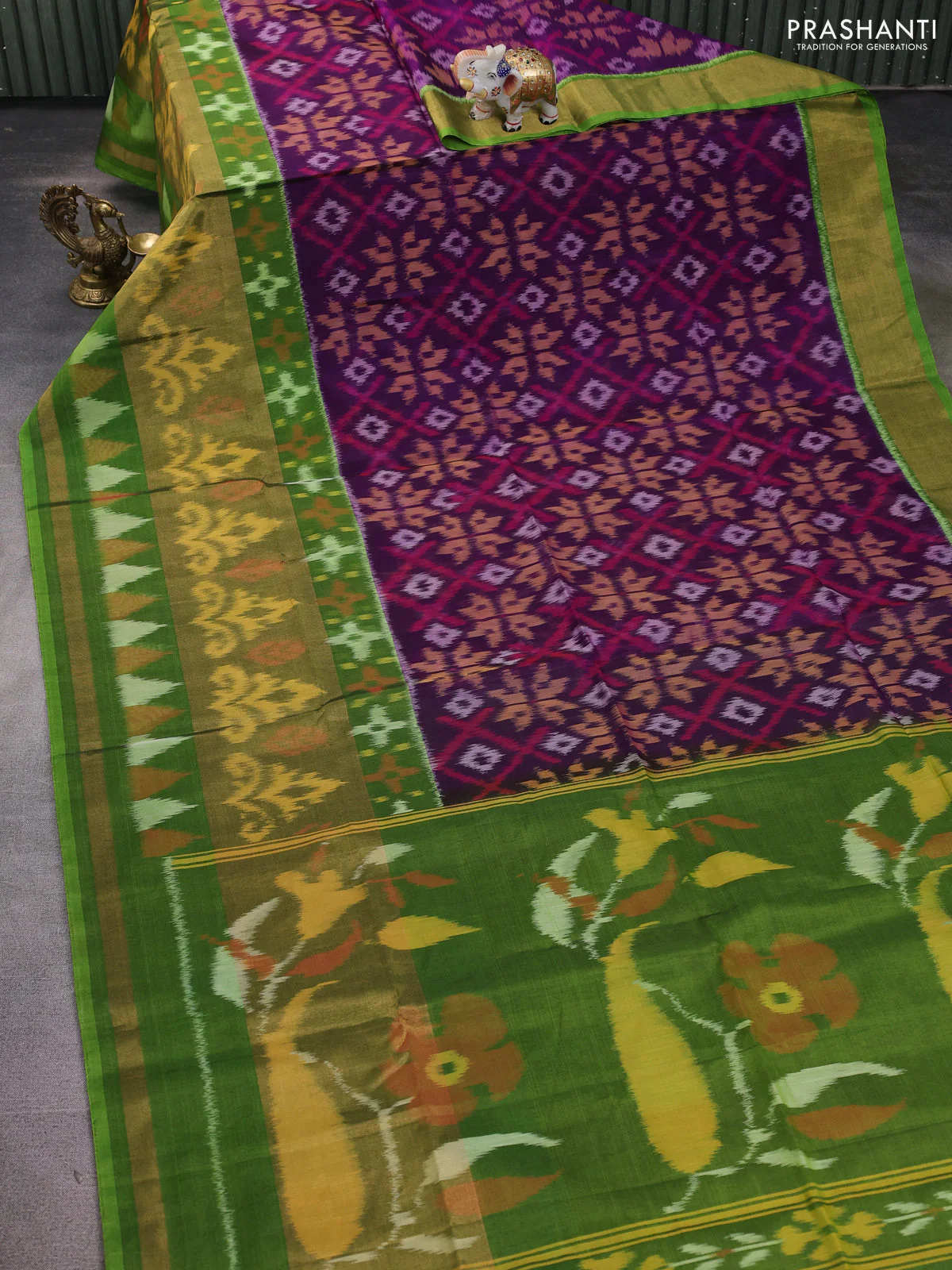 Ikat silk cotton saree purple and light green with allover ikat weaves and long zari woven ikat border - Image 2