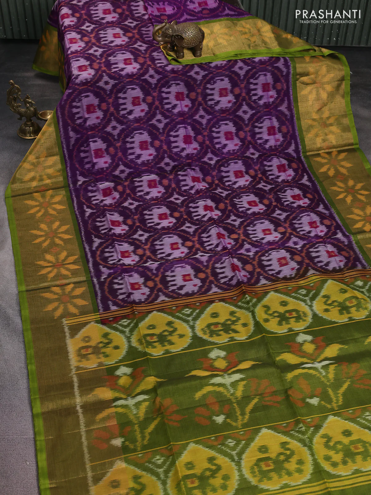Ikat silk cotton saree purple and light green with alover ikat weaves and long zari woven ikat border - Image 2