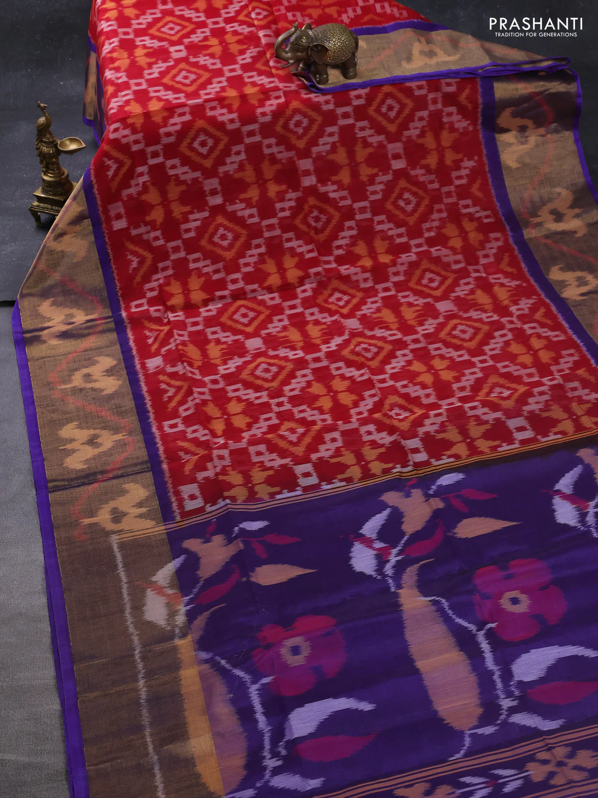 Ikat silk cotton saree red and violet with allover ikat weaves and long zari woven ikat border - Image 2