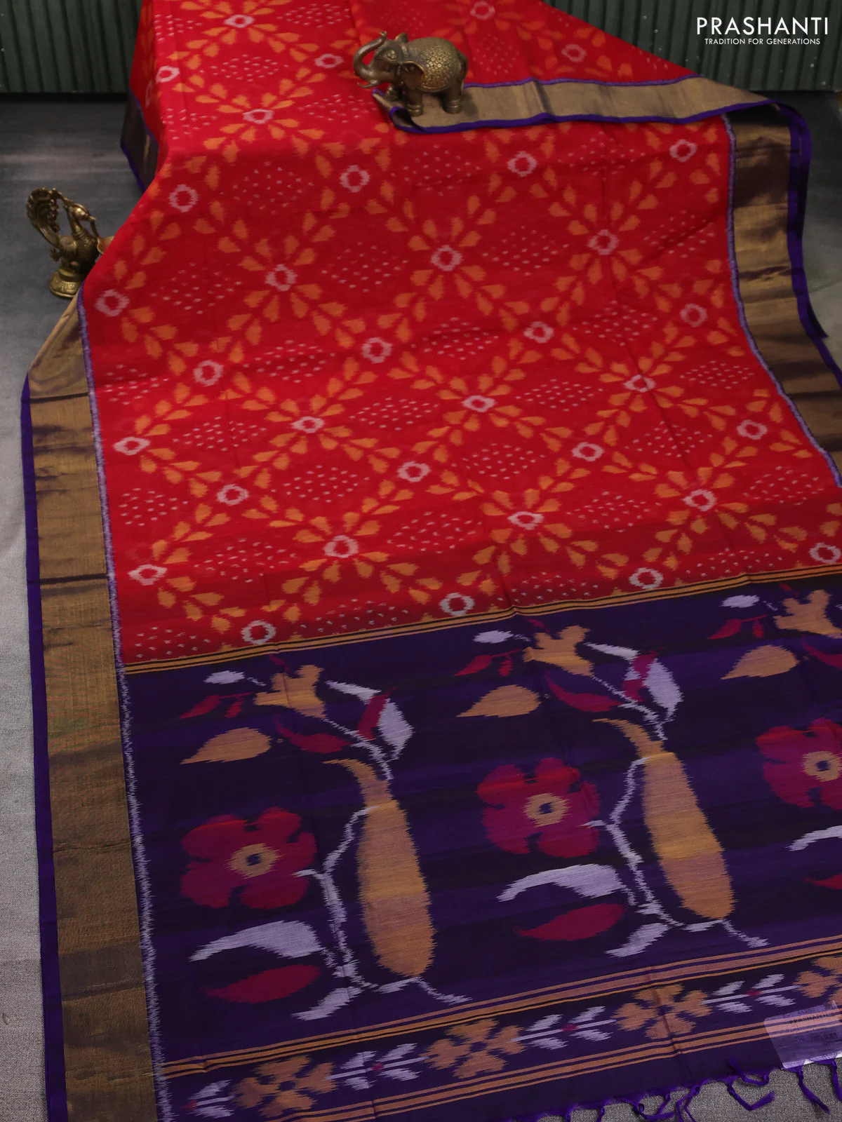 Ikat silk cotton saree red and violet with allover ikat weaves and zari woven border - Image 2