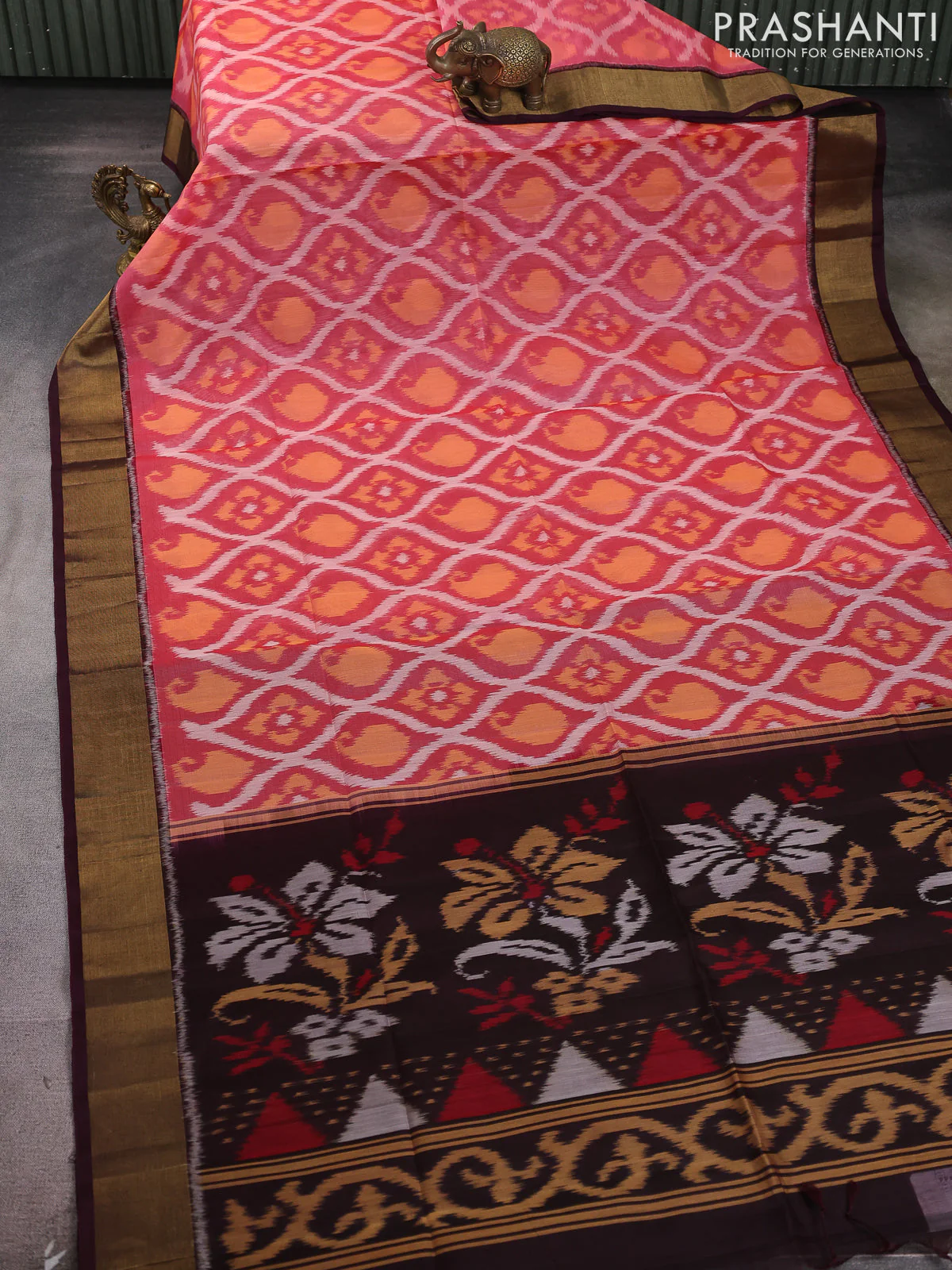 Ikat silk cotton saree red shade and coffee brown with allover ikat weaves and zari woven border - Image 2