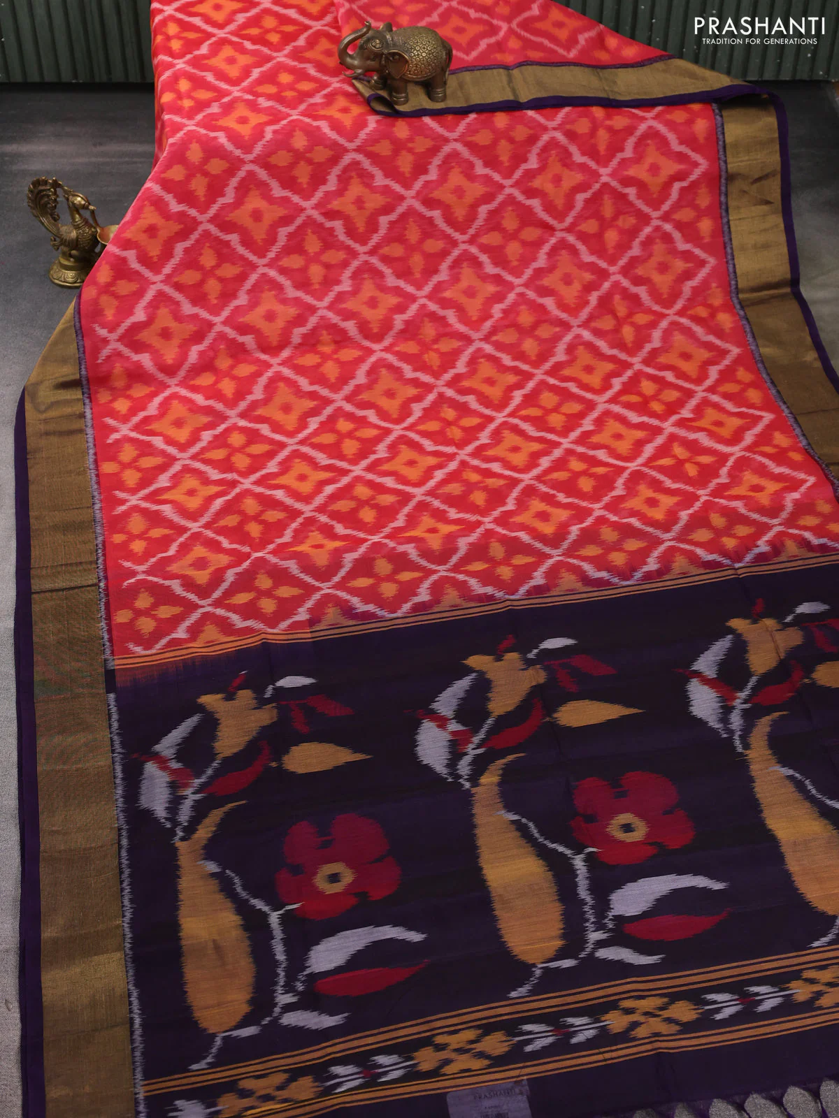 Ikat silk cotton saree red shade and deep violet with allover ikat weaves and zari woven border - Image 2