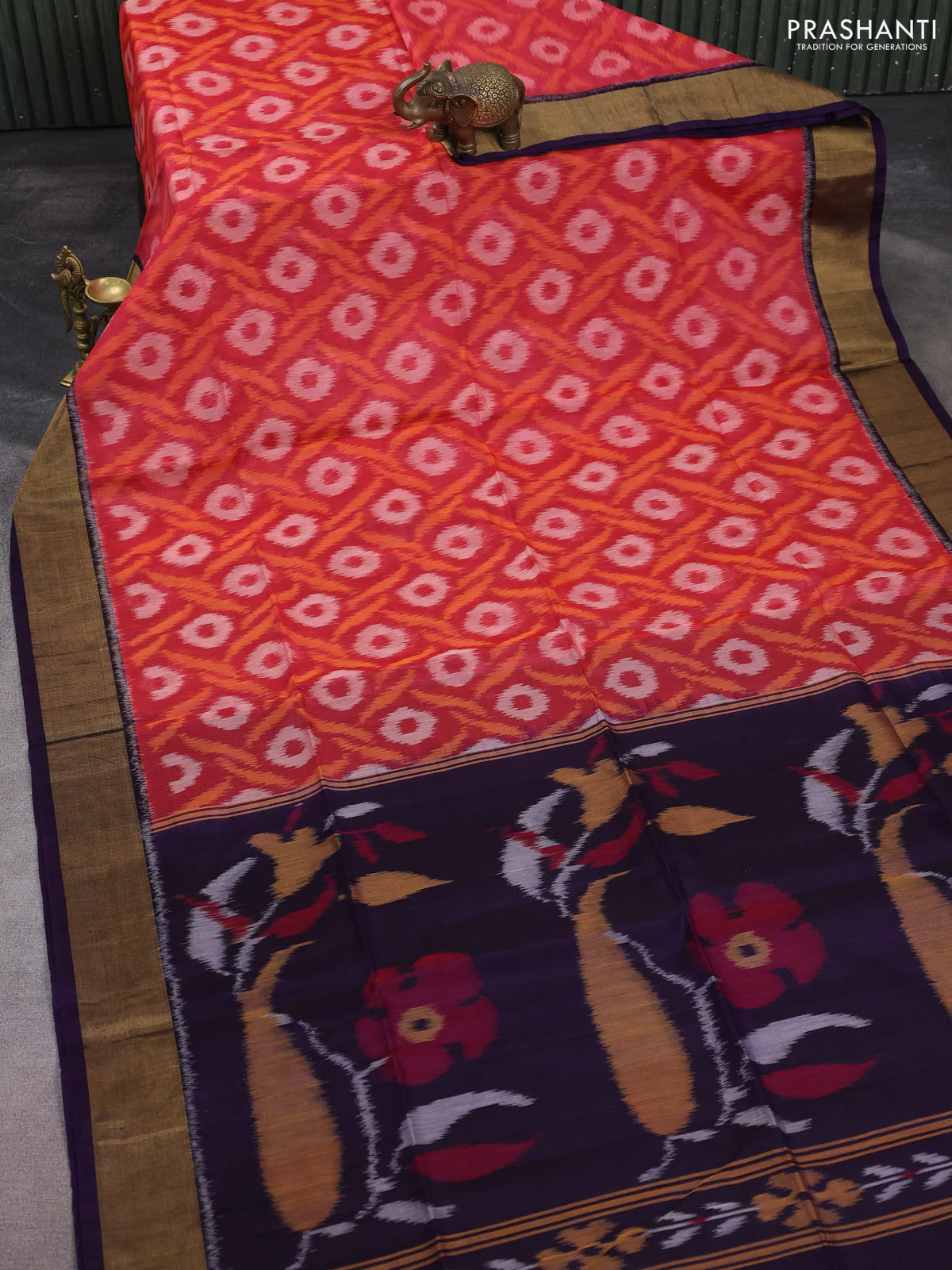 Ikat silk cotton saree red shade and deep violet with allover ikat weaves and zari woven border - Image 2