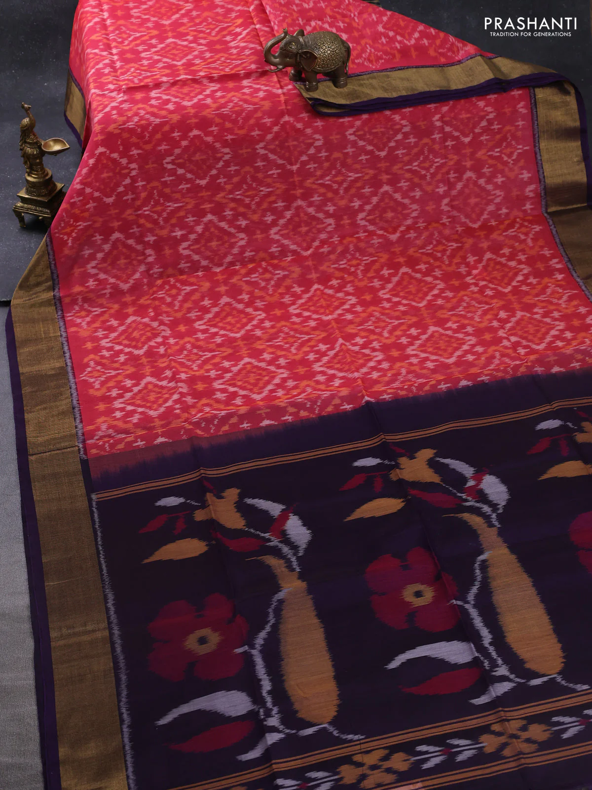Ikat silk cotton saree red shade and deep violet with allover ikat weaves and zari woven border - Image 2
