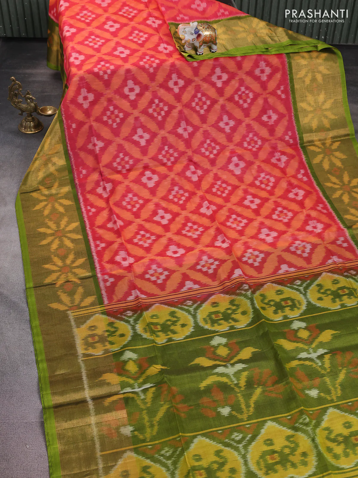 Ikat silk cotton saree red shade and light green with alover ikat weaves and long zari woven ikat border - Image 2