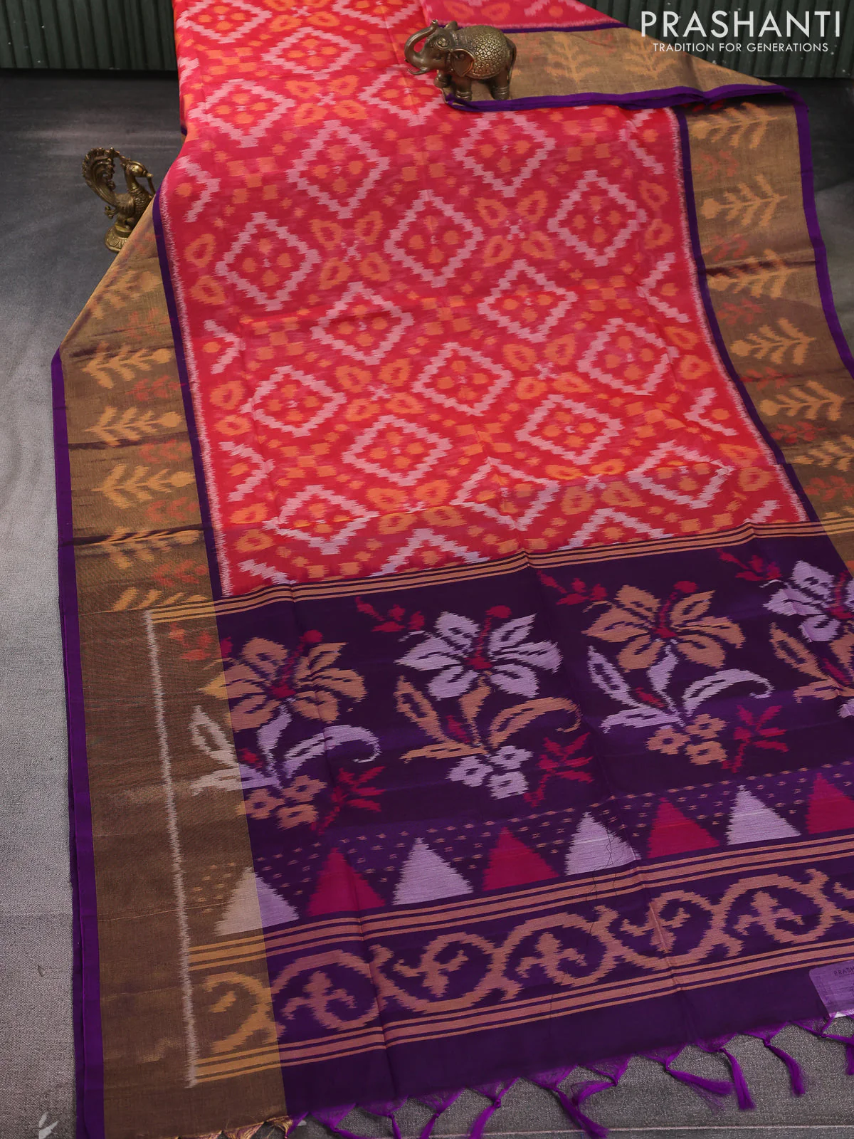 Ikat silk cotton saree red shade and purple with allover ikat weaves and long zari woven ikat border - Image 2