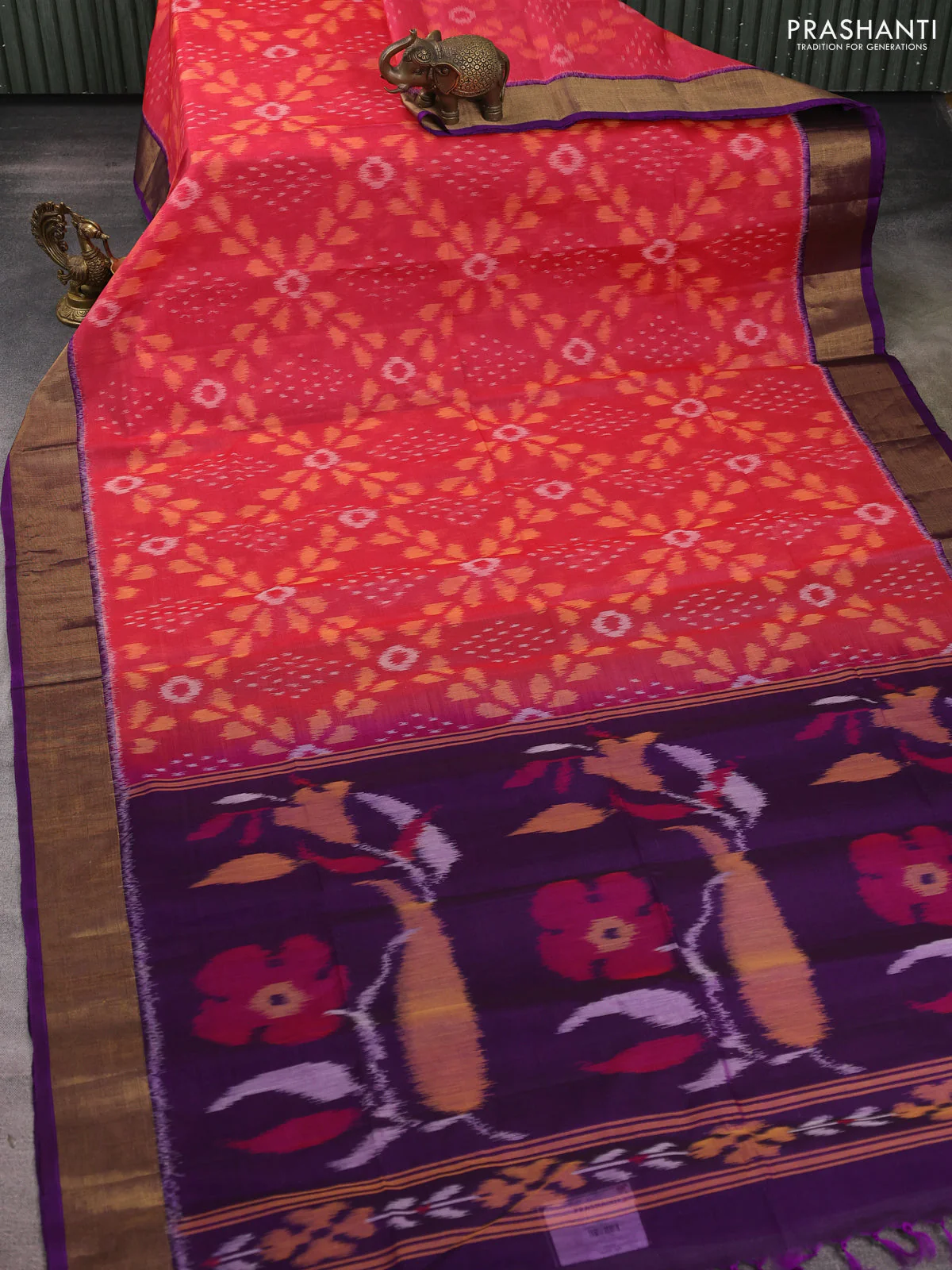 Ikat silk cotton saree red shade and purple with allover ikat weaves and zari woven border - Image 2