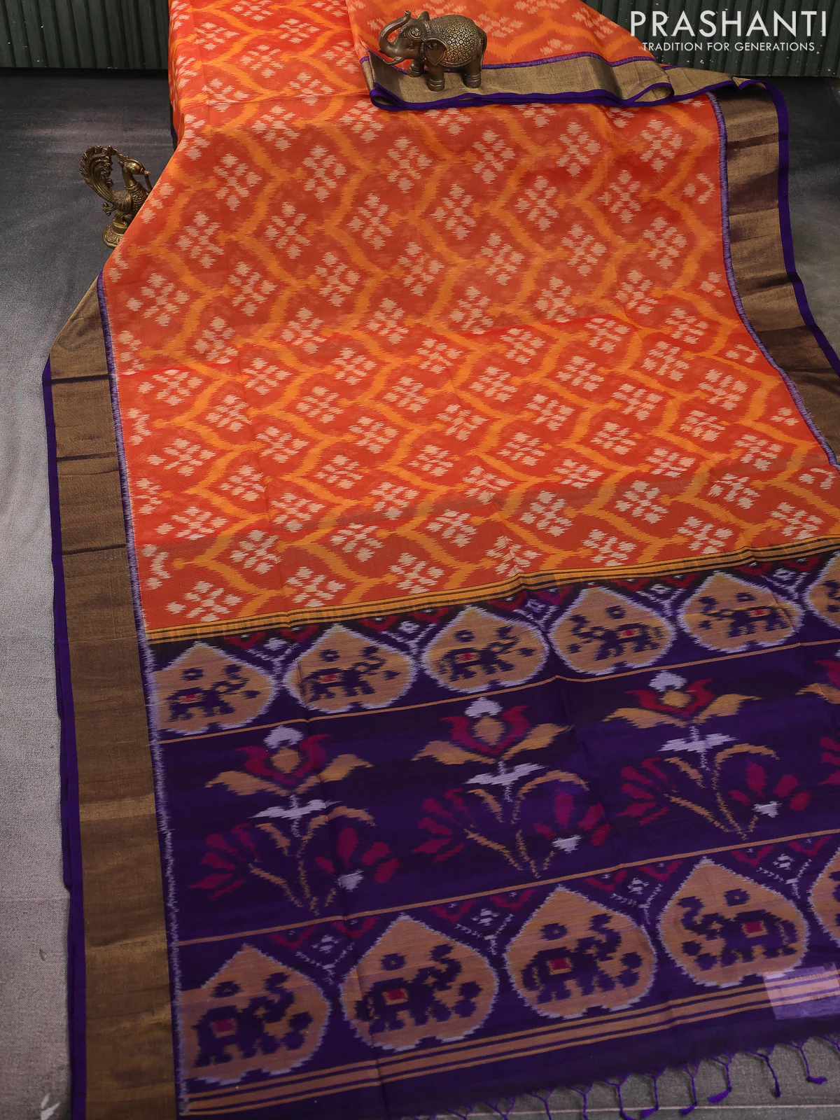 Ikat silk cotton saree rustic orange and violet with allover ikat weaves and zari woven border - Image 2