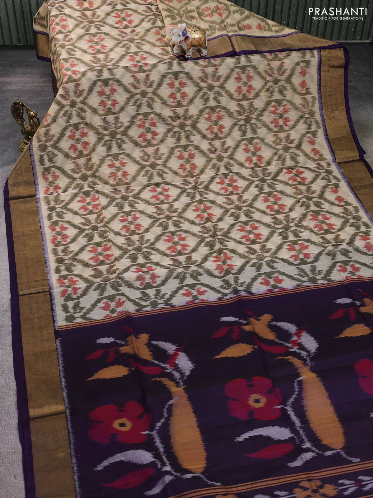 Ikat silk cotton saree sandal and deep violet with allover ikat weaves and zari woven border - Image 2