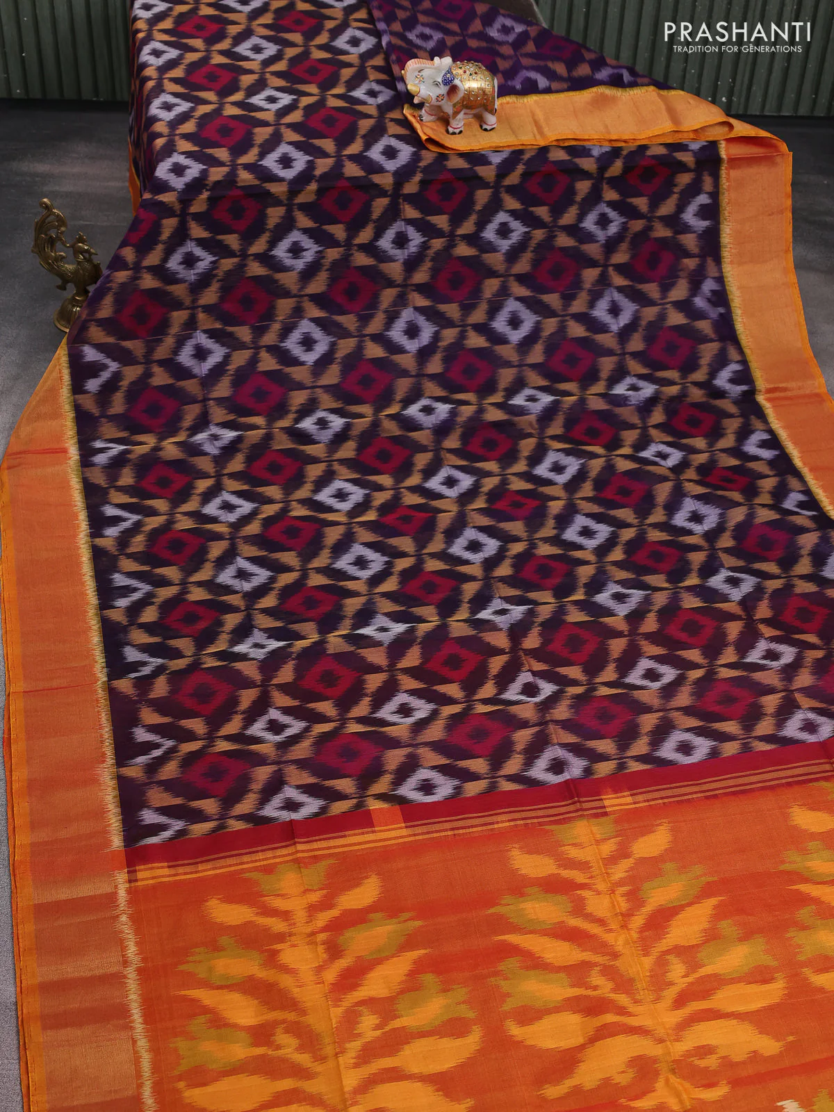 Ikat silk cotton saree violet and dark mustard with alover ikat weaves and zari woven border - Image 2