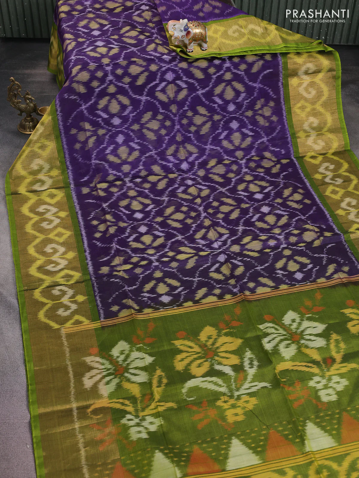 Ikat silk cotton saree violet and light green with alover ikat weaves and long zari woven ikat border - Image 2