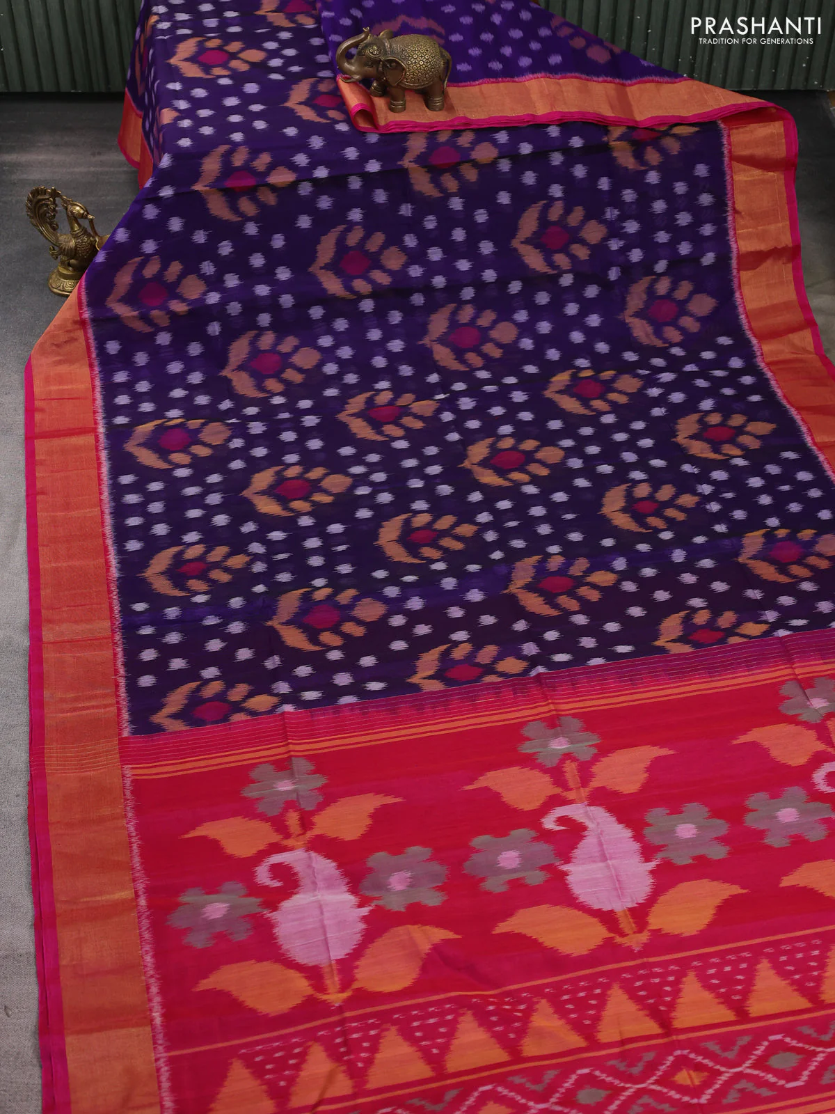 Ikat silk cotton saree violet and pink with allover ikat weaves and zari woven border - Image 2