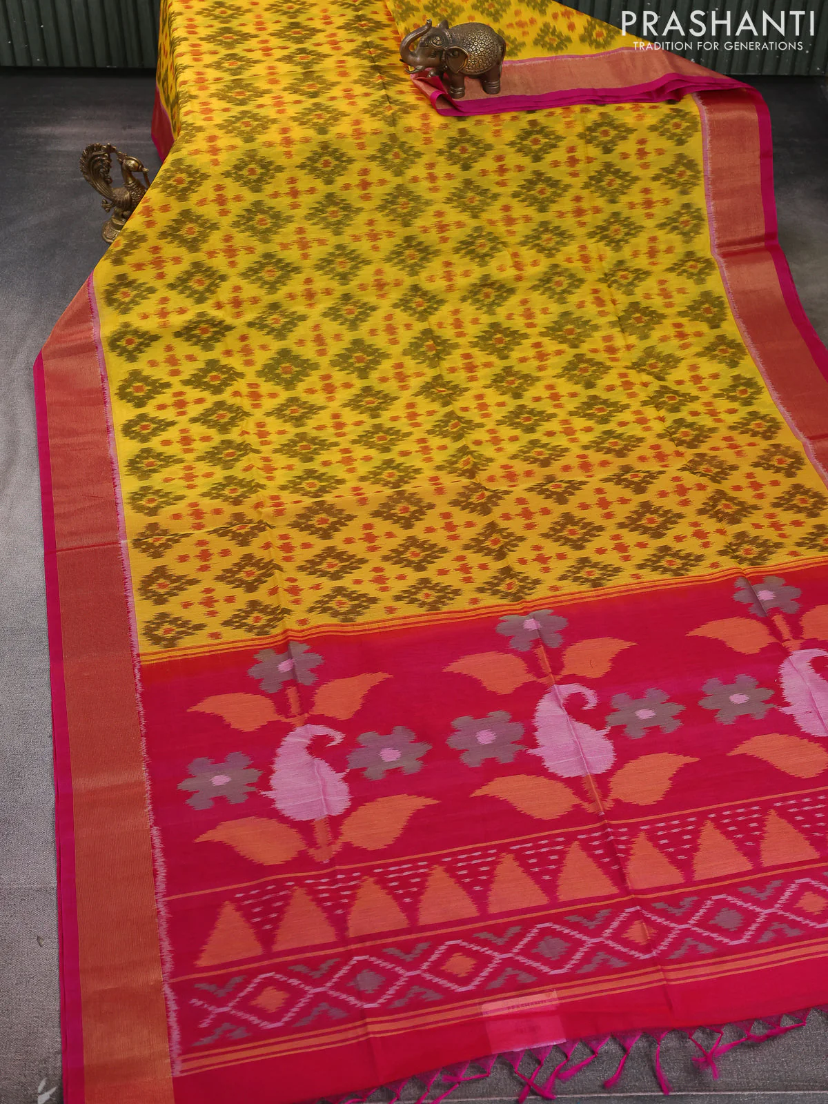 Ikat silk cotton saree yellow and pink with allover ikat weaves and zari woven border - Image 2