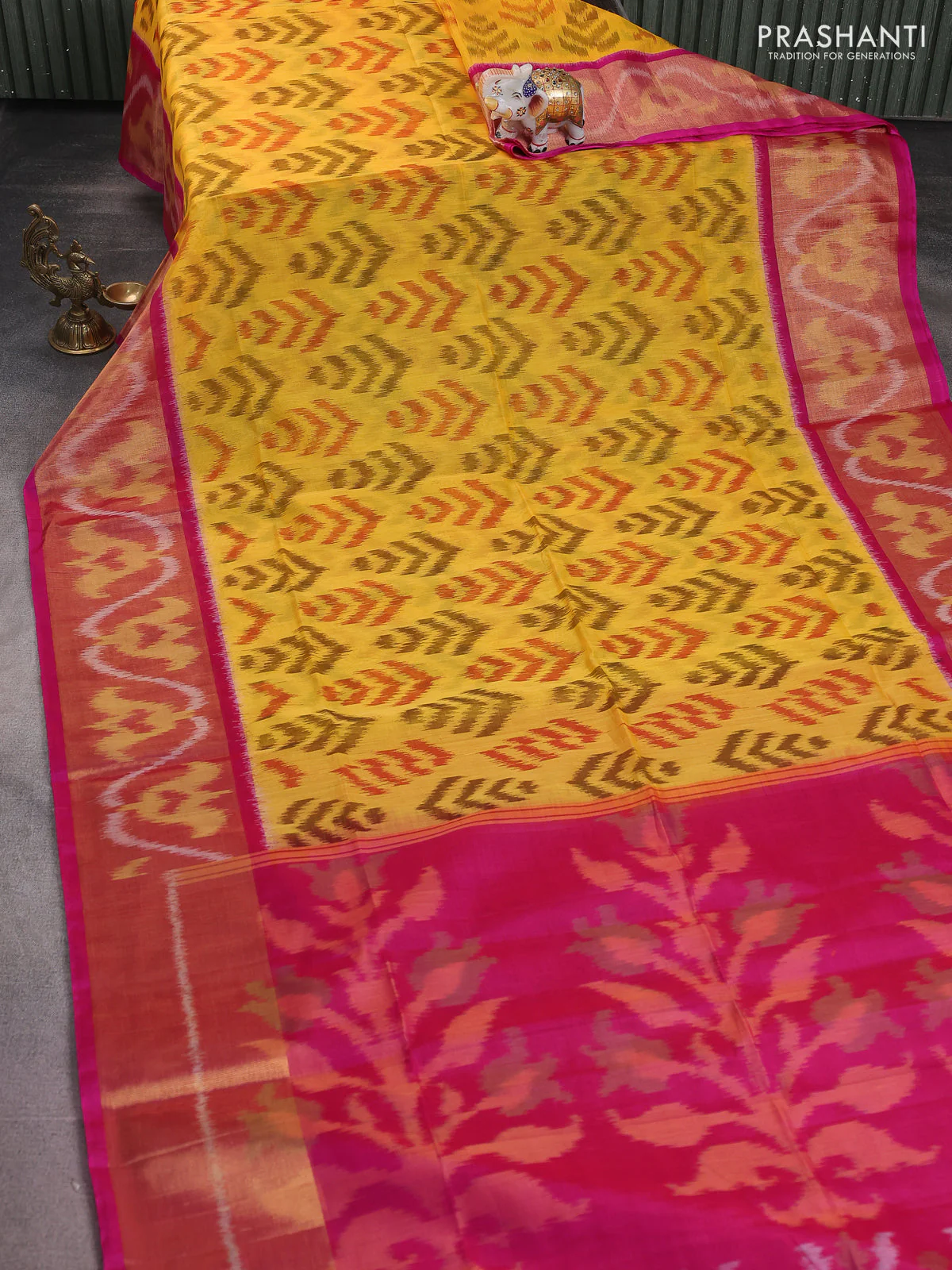 Ikat silk cotton saree yellow and pink with alover ikat weaves and long zari woven ikat border - Image 2