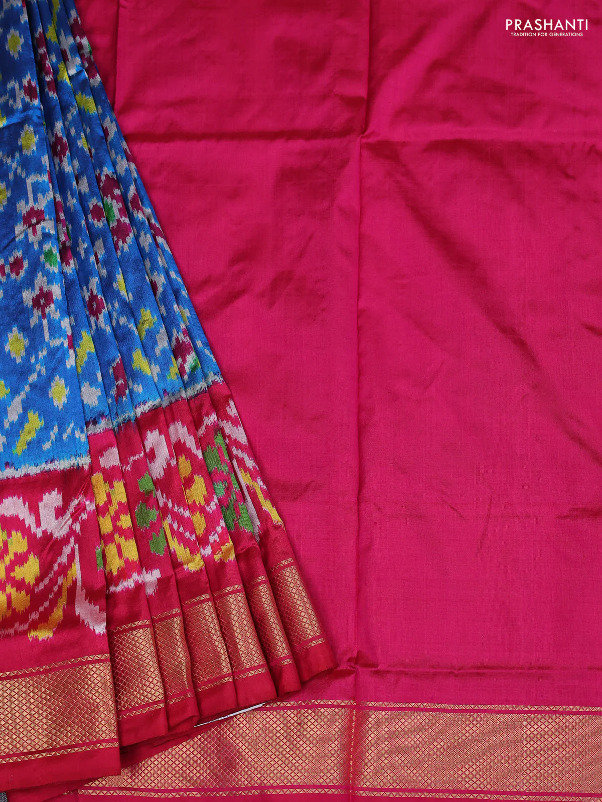 Ikat silk kids lehenga cs blue and pink with allover ikat weaves and long ikat woven zari border