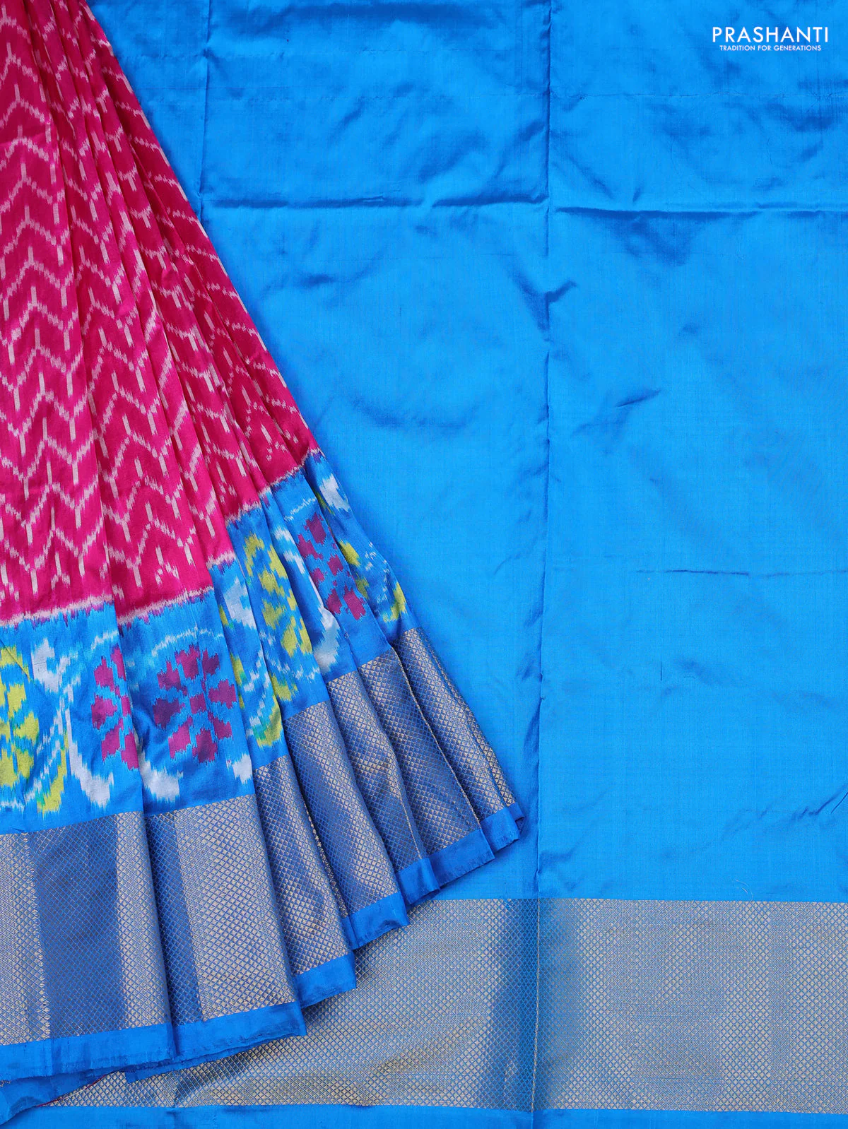Ikat silk kids lehenga pink and cs blue with allover ikat weaves and long ikat woven zari border