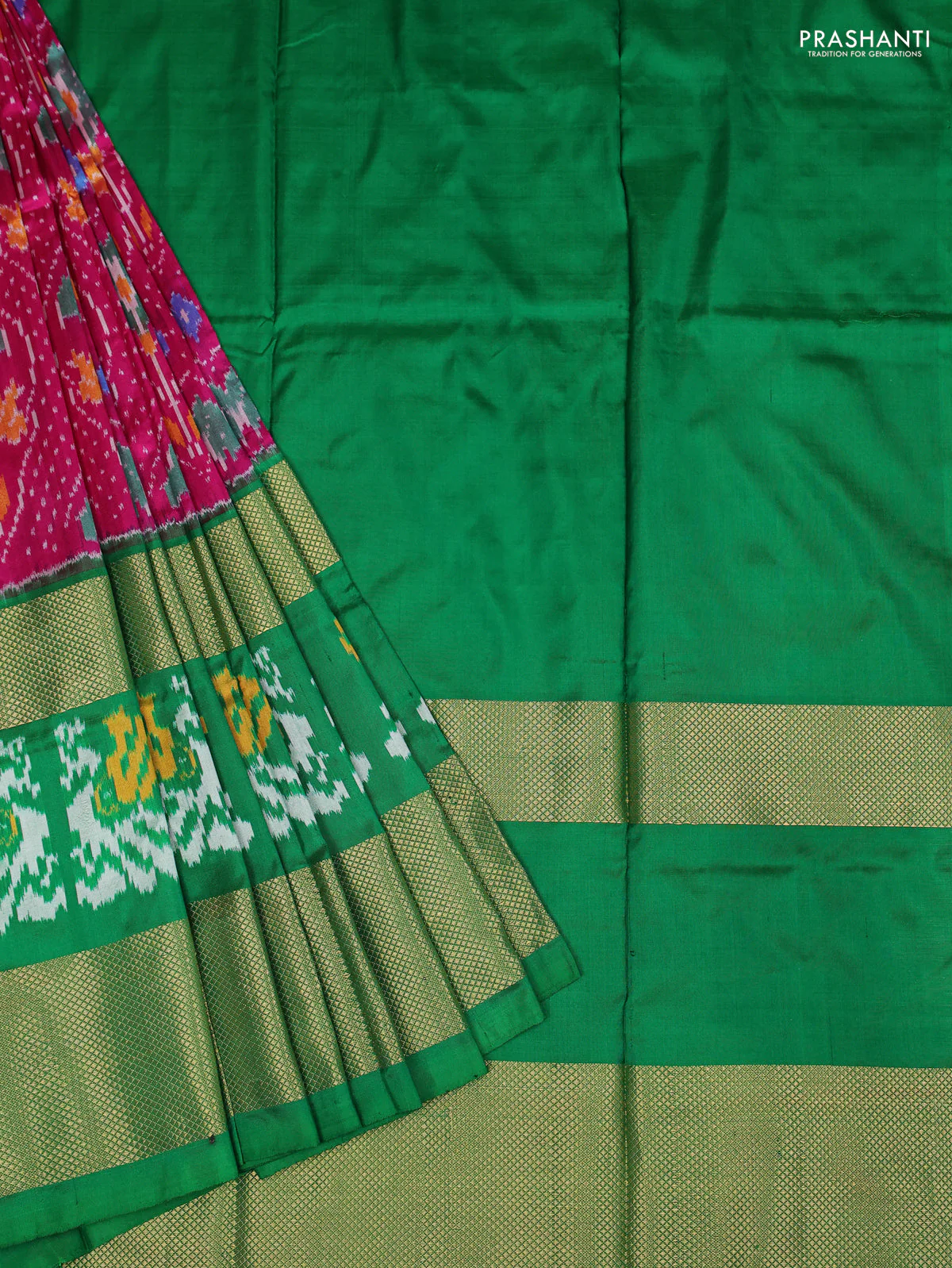 Ikat silk kids lehenga pink and green with allover ikat weaves and zari woven border