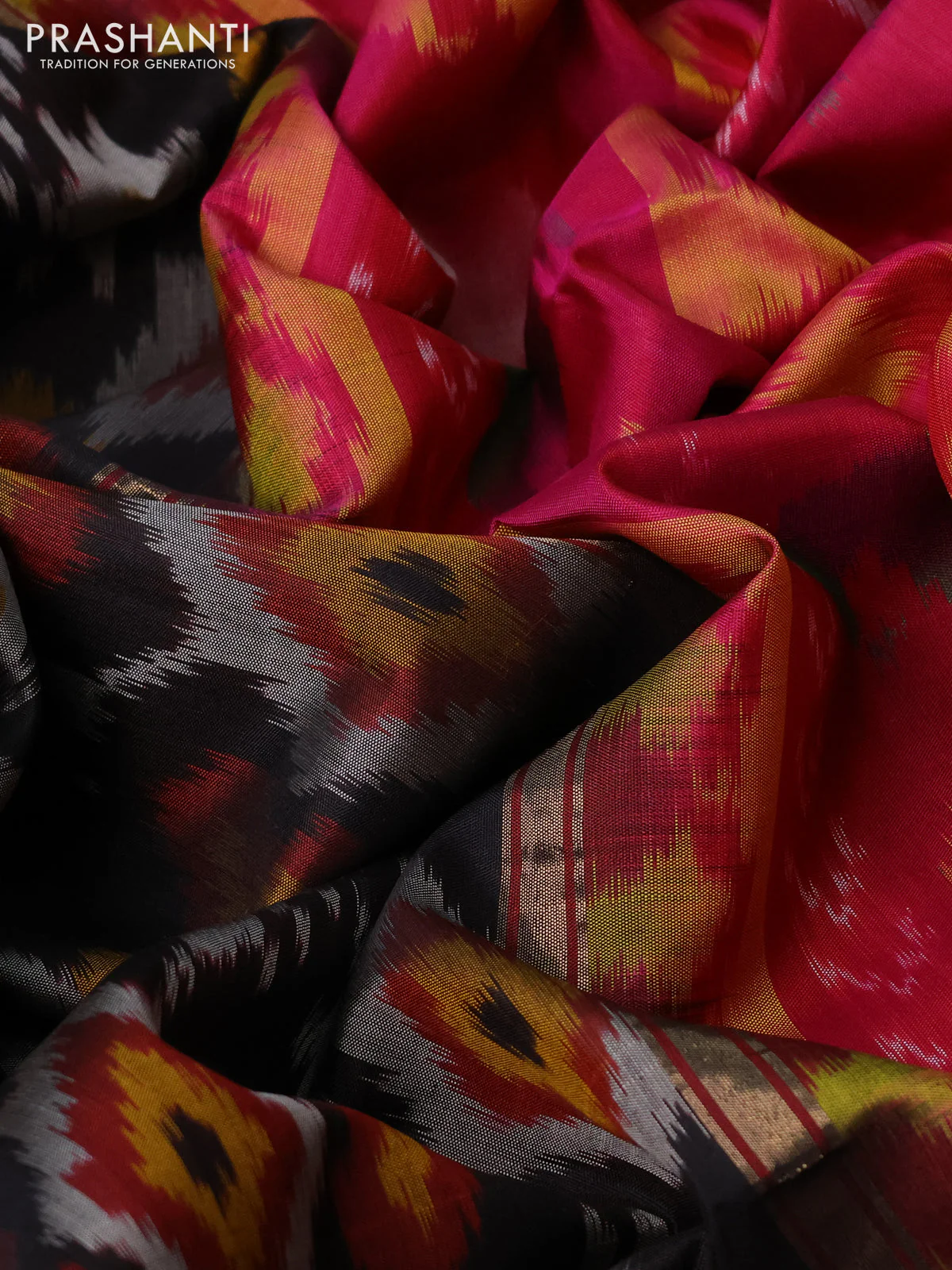 Ikat soft silk saree black and pink with allover ikat weaves and zari woven border - Image 3