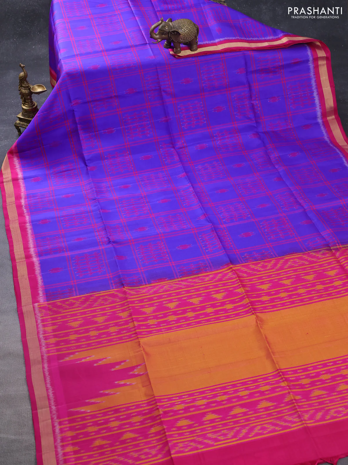 Ikat soft silk saree blue and dark pink with allover checks & ikat weaves and zari woven border - Image 2