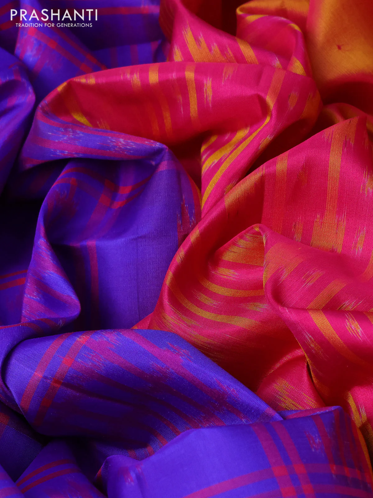 Ikat soft silk saree blue and dark pink with allover checks & ikat weaves and zari woven border - Image 3