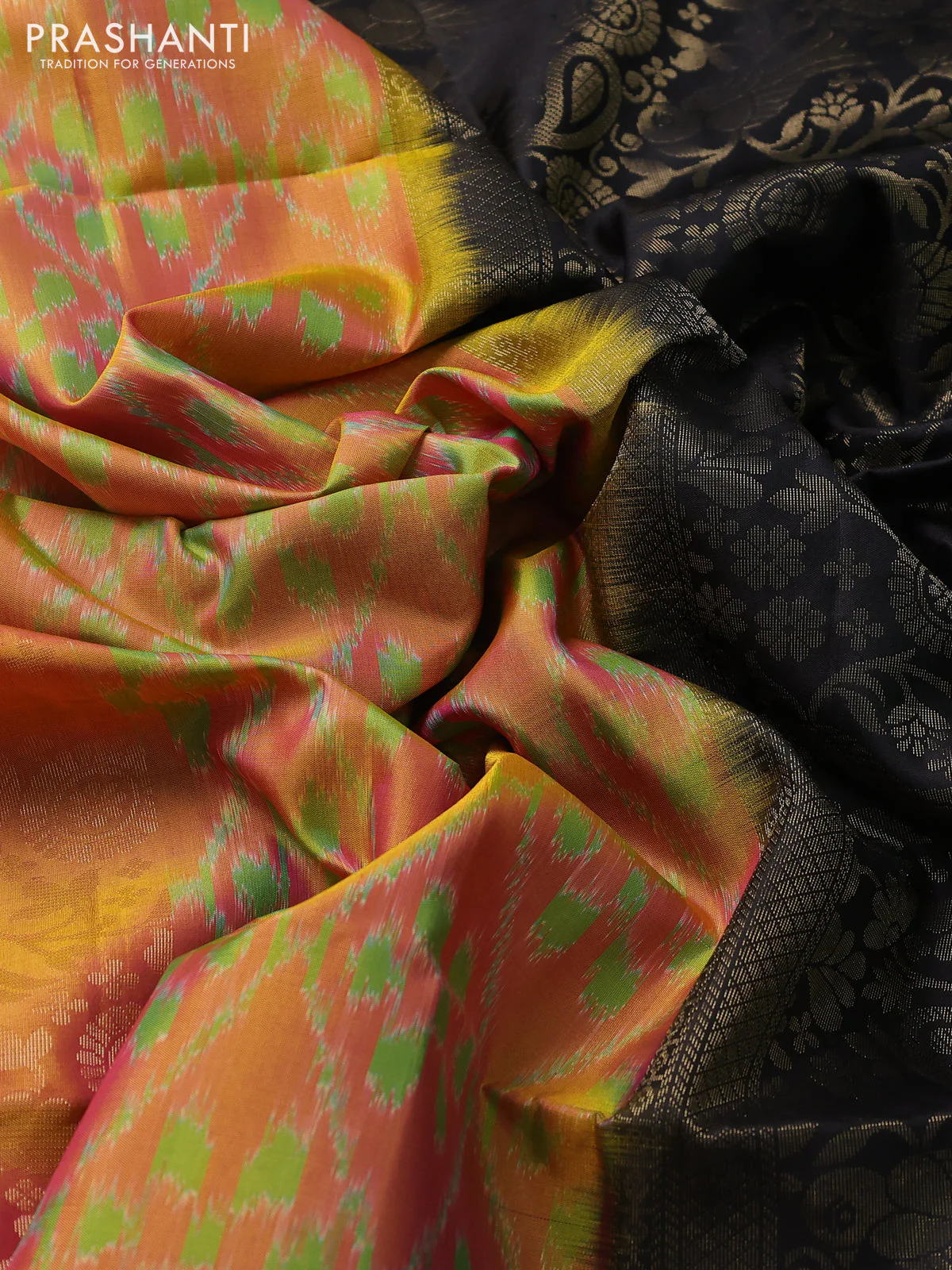 Ikat soft silk saree dual shade od pinkish red and black with allover ikat weaves and zari woven border - Image 3