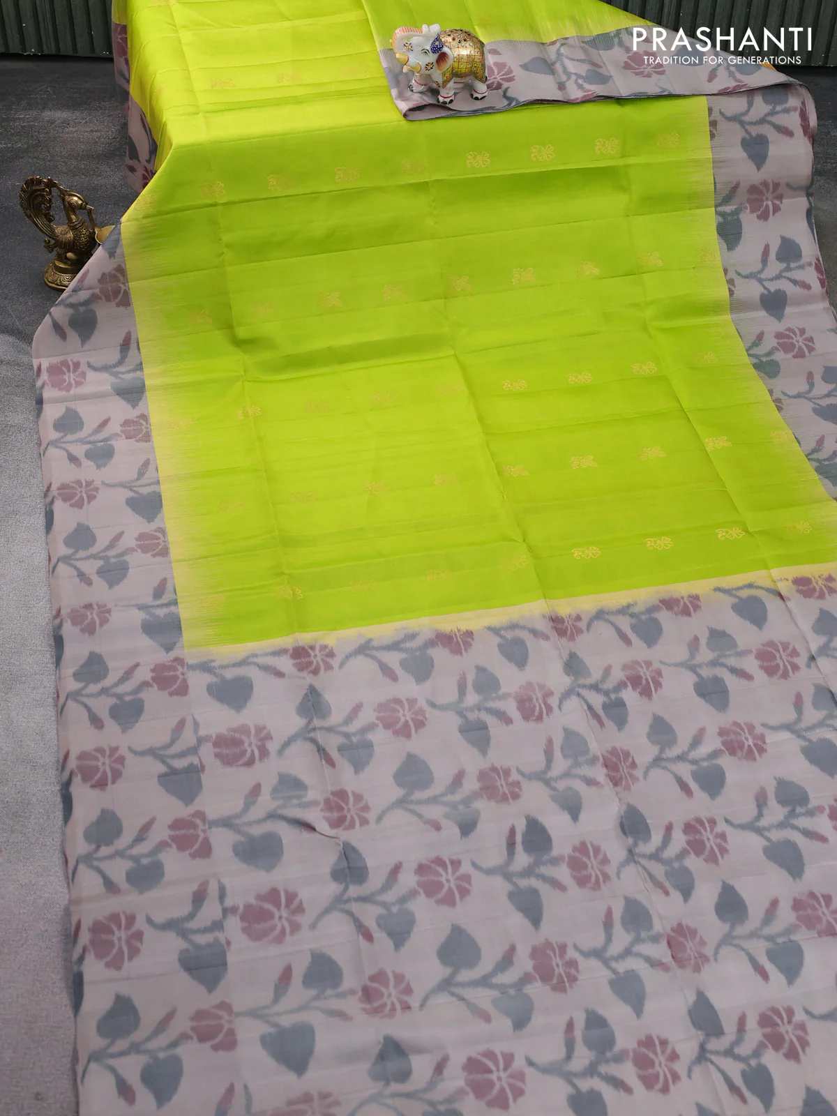 Ikat soft silk saree fluorescent green and grey with zari woven buttas and ikat style border - Image 2