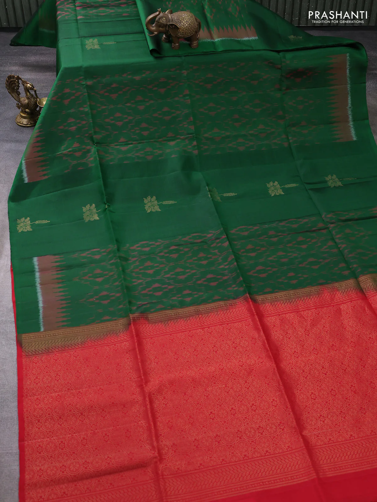 Ikat soft silk saree green and red with allover ikat weaves & buttas and temple design simple border - Image 2
