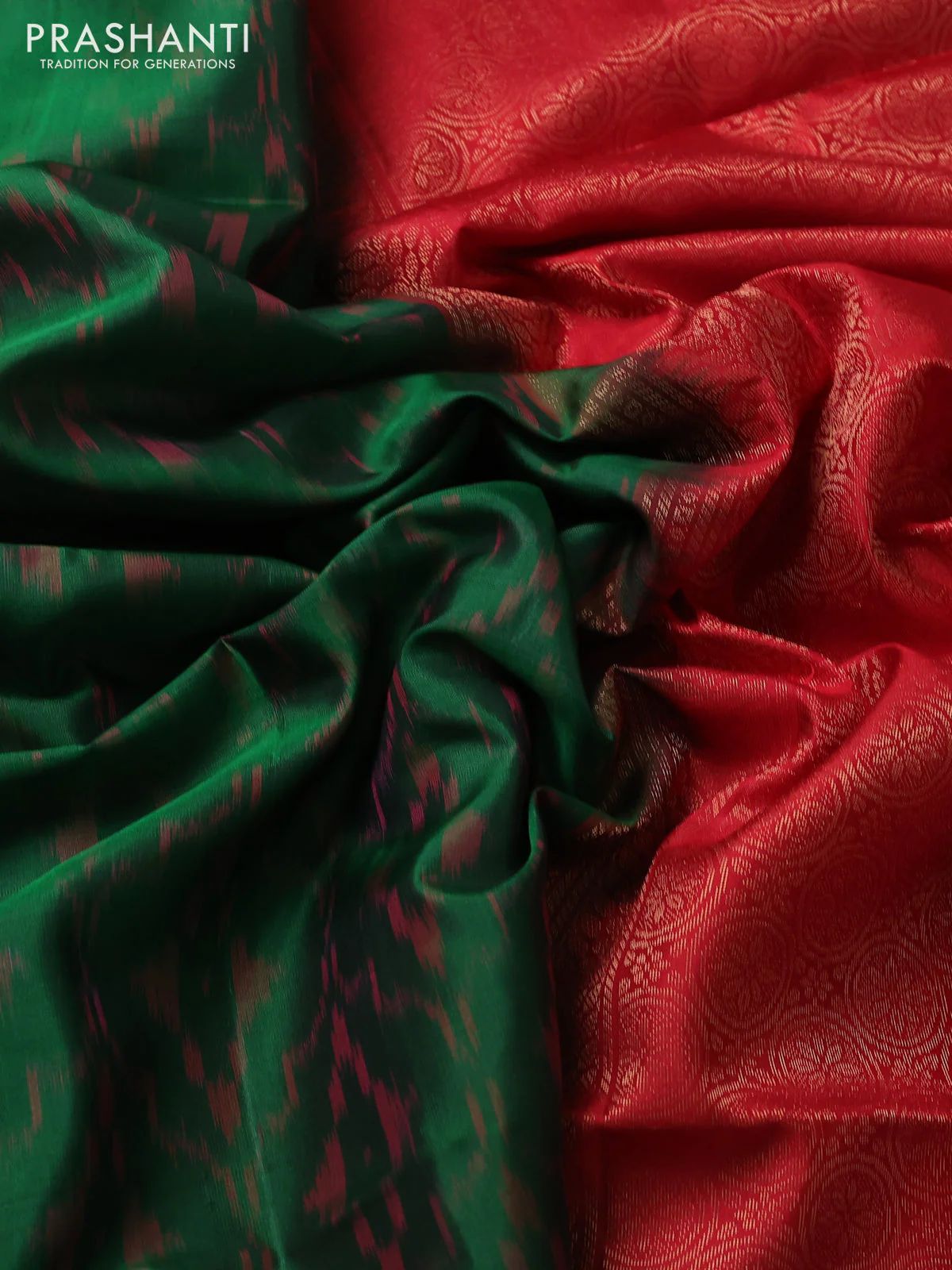 Ikat soft silk saree green and red with allover ikat weaves & buttas and temple design simple border - Image 3